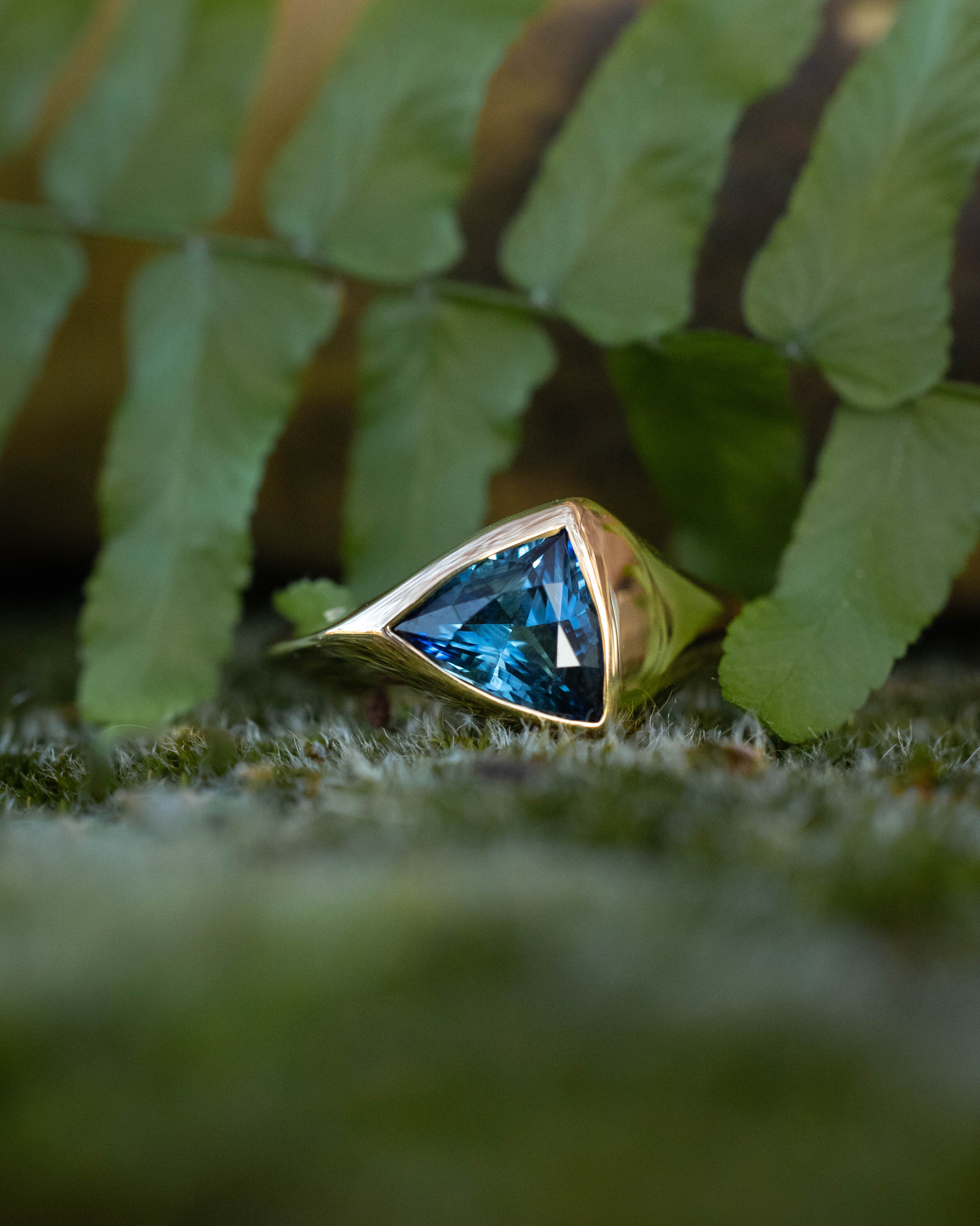 ONE-OF-A-KIND - "KATLAN" - HAND CARVED BEZEL SET TRILLION BLUE SAPPHIRE ENGAGEMENT RING-Staghead Designs