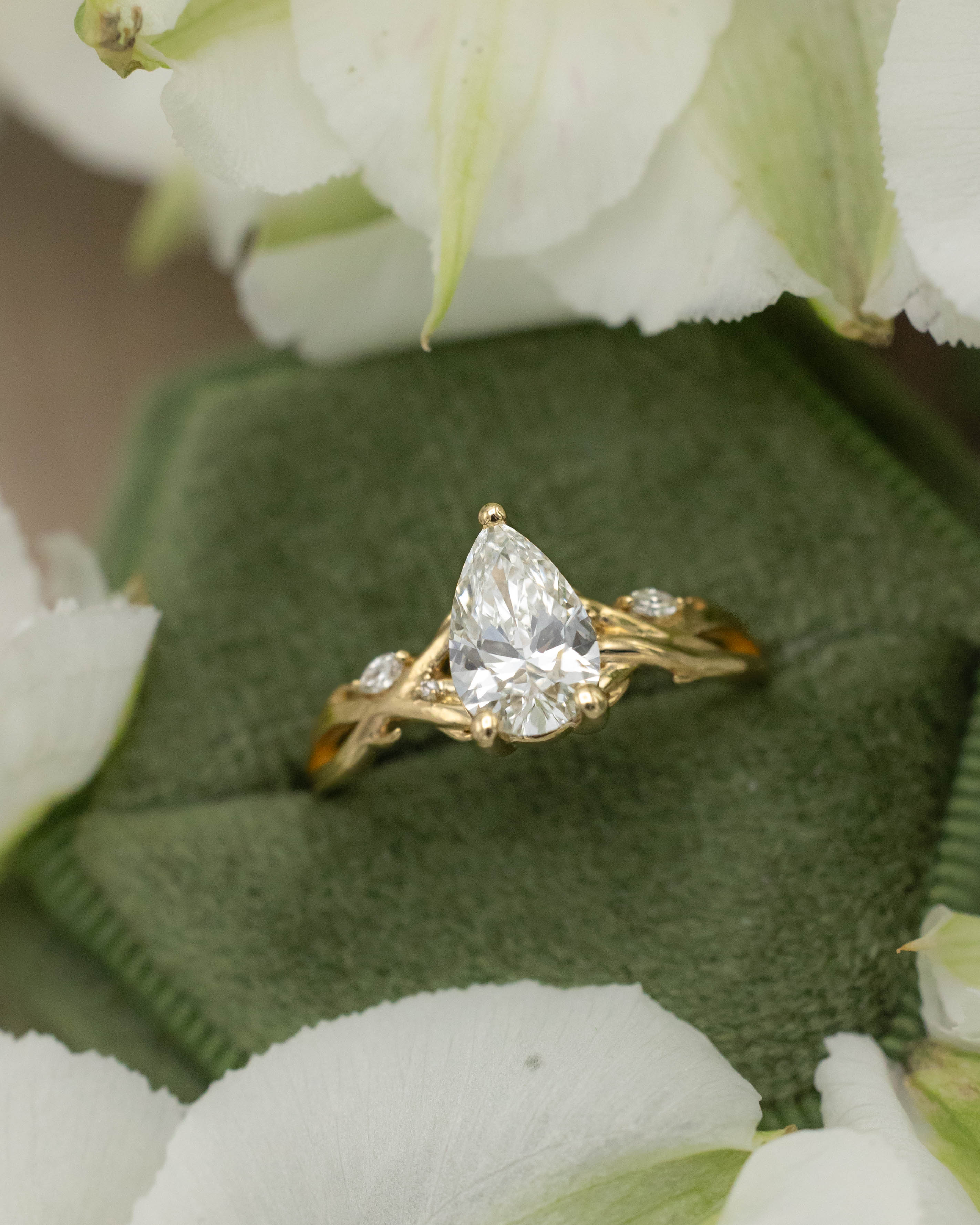 ONE-OF-A-KIND - "TRISTAN" - PEAR CUT LAB-GROWN DIAMOND ENGAGEMENT RING WITH DIAMOND ACCENTS & BRANCH-STYLE BAND-Staghead Designs