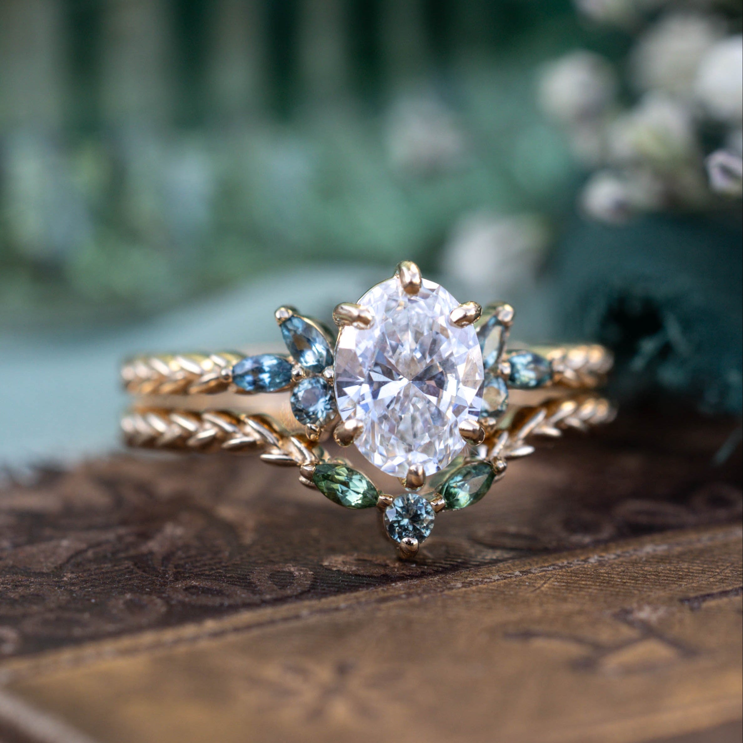 "LAUREL" - OVAL CUT LAB-GROWN DIAMOND ENGAGEMENT RING WITH TOURMALINE AND MONTANA SAPPHIRE ACCENTS, SHOWN WITH A CONTOURED TRACER-Staghead Designs