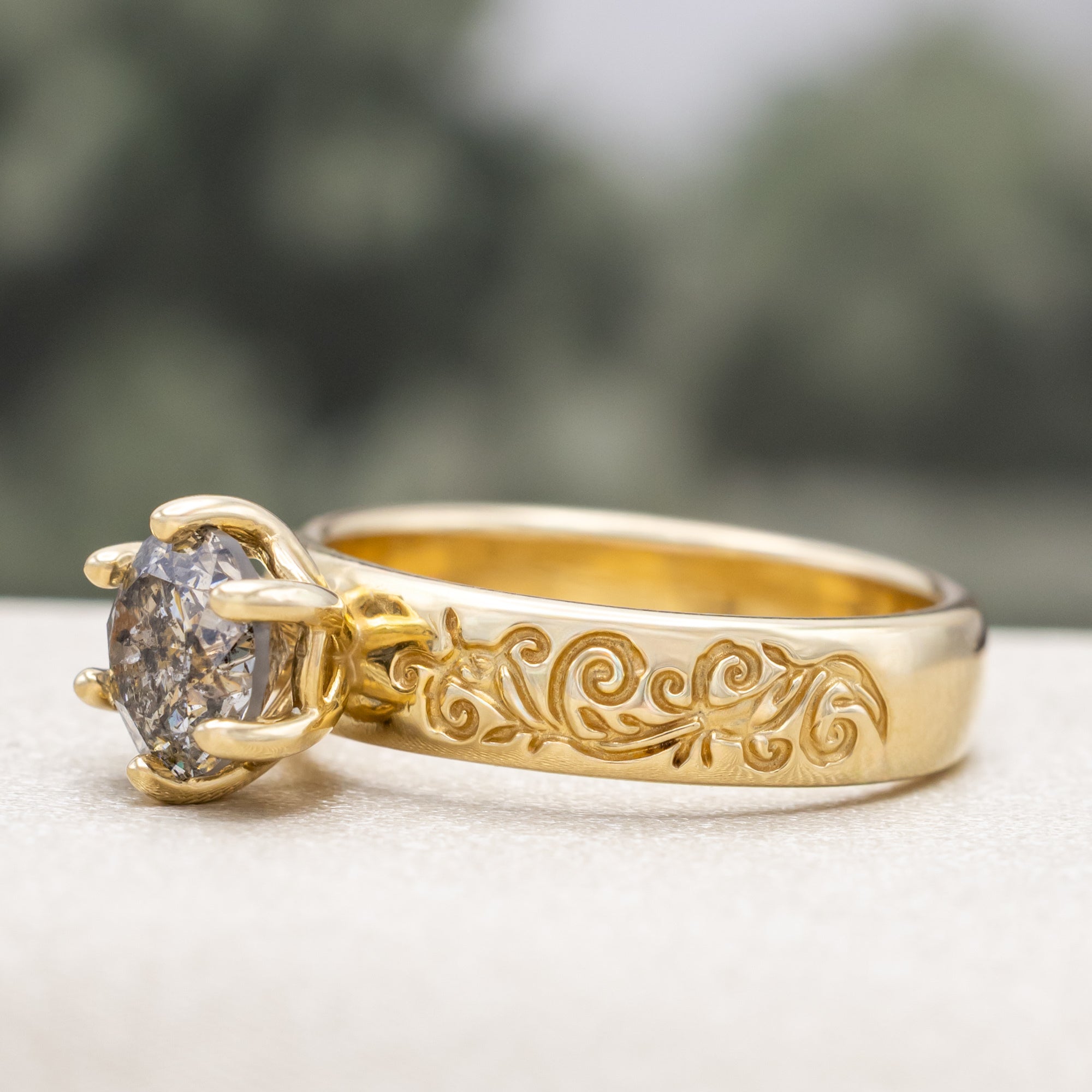 ONE-OF-A-KIND - "THALIA" - FILIGREE-STYLE SOLITAIRE ENGAGEMENT RING WITH A ROUND CUT SALT & PEPPER DIAMOND-Staghead Designs