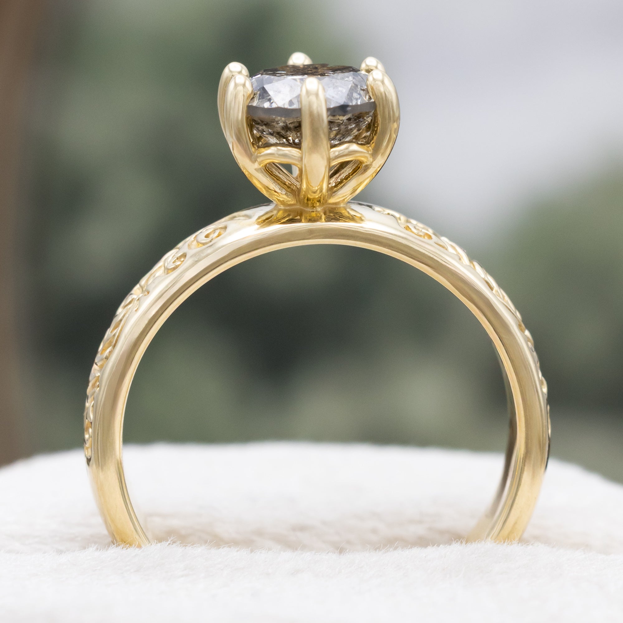 ONE-OF-A-KIND - "THALIA" - FILIGREE-STYLE SOLITAIRE ENGAGEMENT RING WITH A ROUND CUT SALT & PEPPER DIAMOND-Staghead Designs