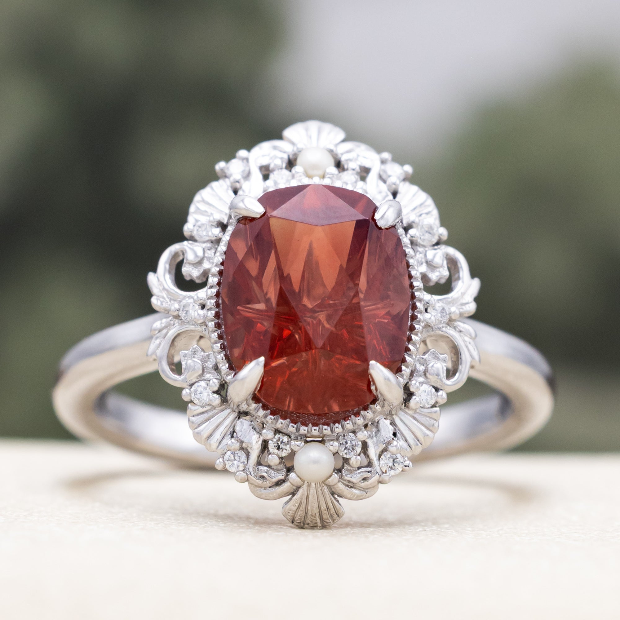ONE-OF-A-KIND - "MERROW" - OVAL FOUR-DIRECTIONS CUT OREGON SUNSTONE ENGAGEMENT RING WITH DIAMOND & PEARL ACCENTS-Staghead Designs