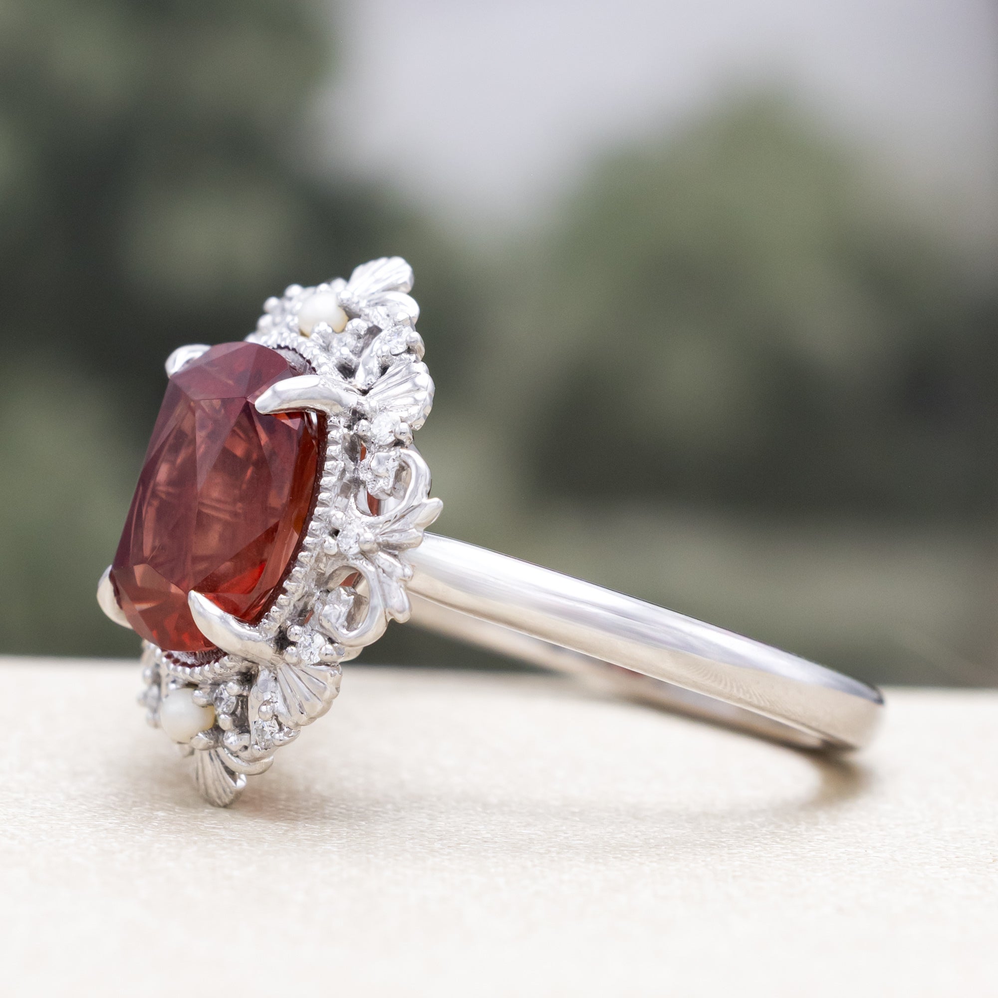 ONE-OF-A-KIND - "MERROW" - OVAL FOUR-DIRECTIONS CUT OREGON SUNSTONE ENGAGEMENT RING WITH DIAMOND & PEARL ACCENTS-Staghead Designs