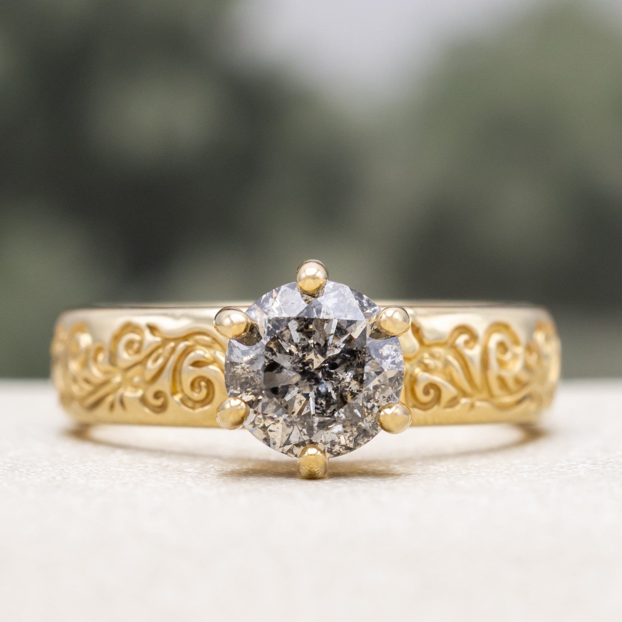 ONE-OF-A-KIND - "THALIA" - FILIGREE-STYLE SOLITAIRE ENGAGEMENT RING WITH A ROUND CUT SALT & PEPPER DIAMOND-Staghead Designs