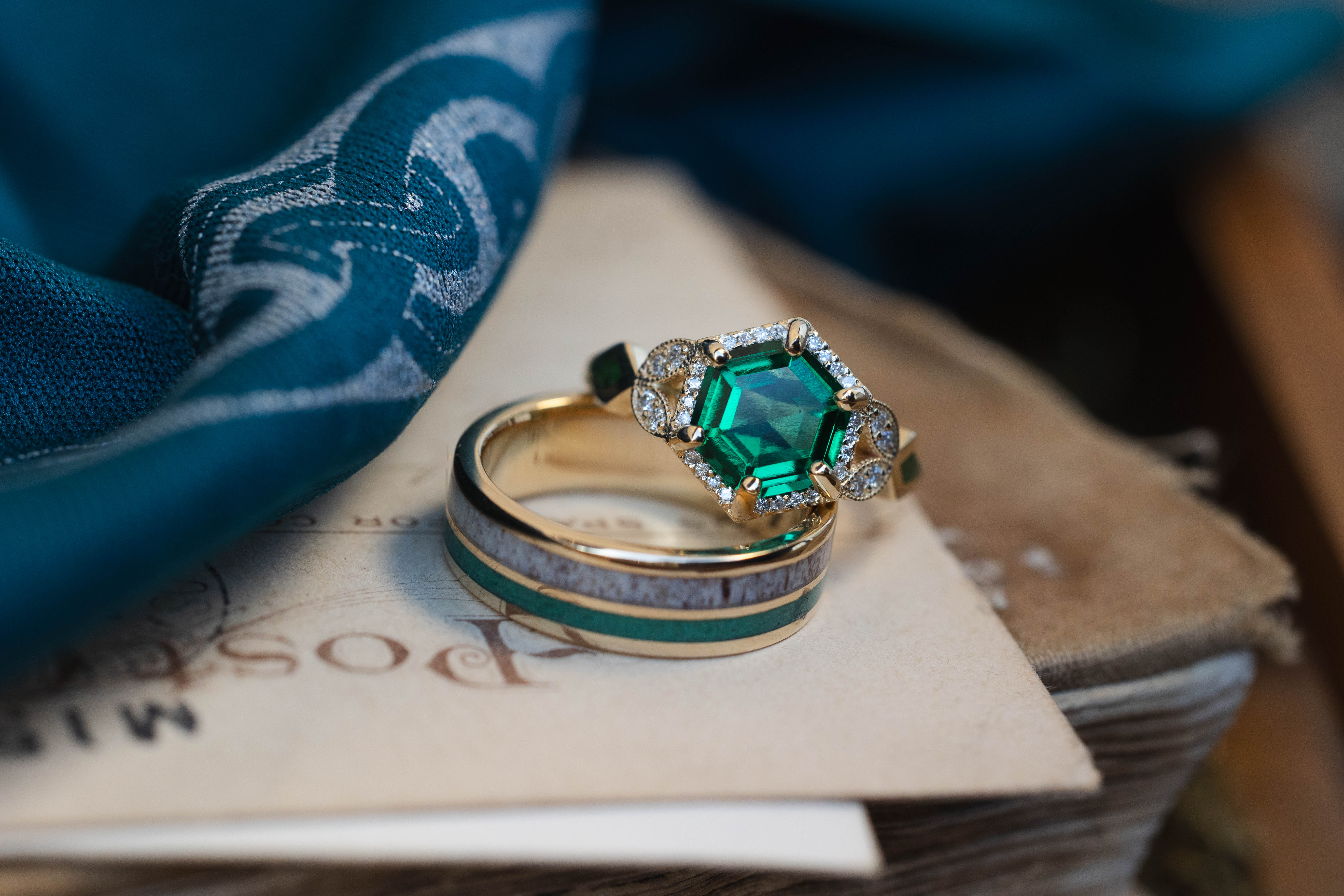 "LUCY IN THE SKY" - HEXAGON CUT LAB GROWN EMERALD ENGAGEMENT RING WITH DIAMOND HALO & MOSS INLAYS-Staghead Designs