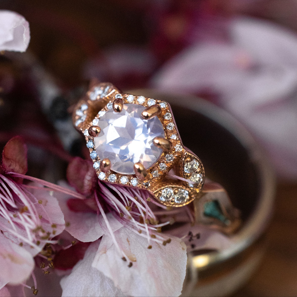 "Lucy In The Sky" Petite - Hexagon Cut Moonstone Engagement Ring With Diamond Accents & Turquoise Inlays-Staghead Designs