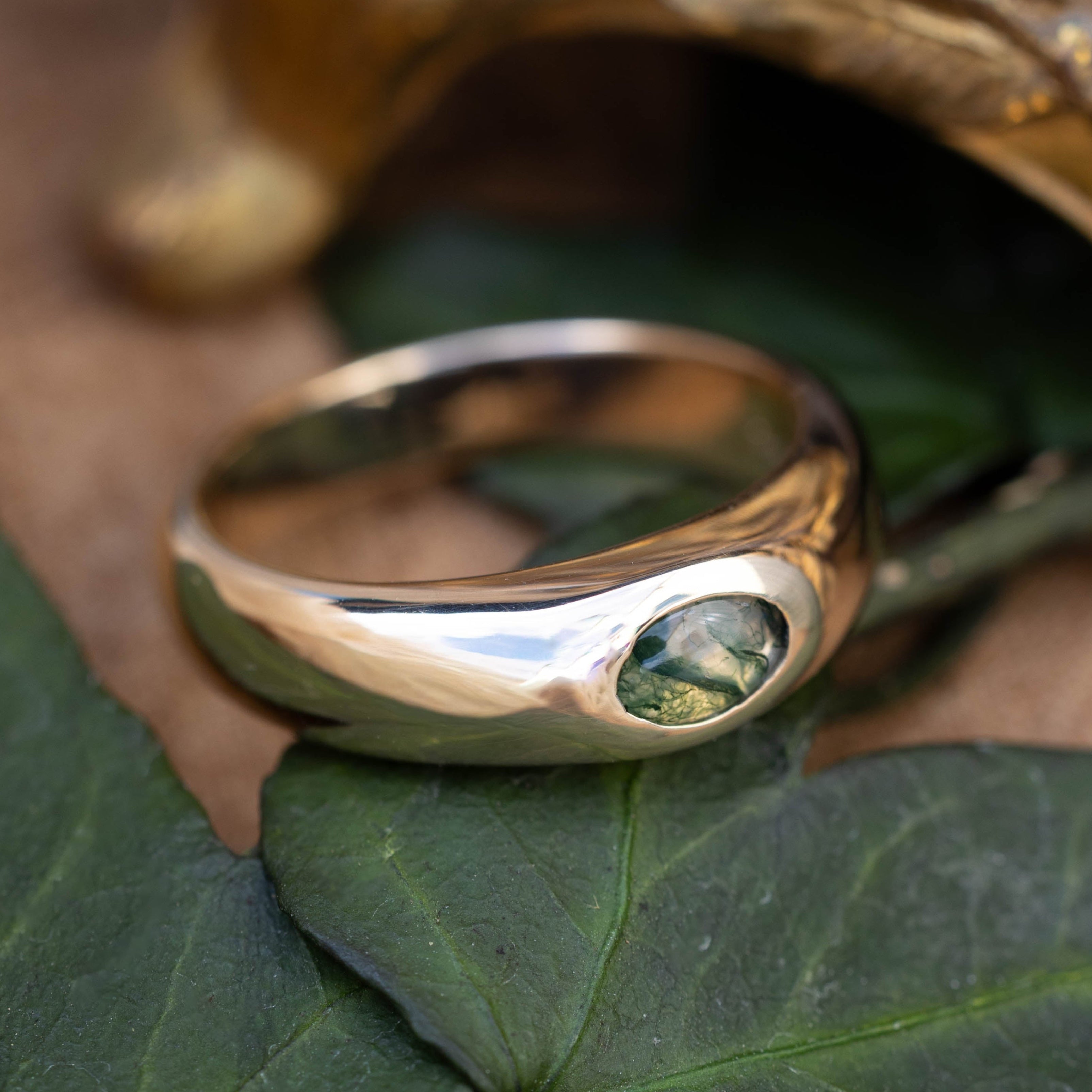 "Luka" - Signet Engagement Ring Featuring Bezel Set Oval Cut Moss Agate-Staghead Designs