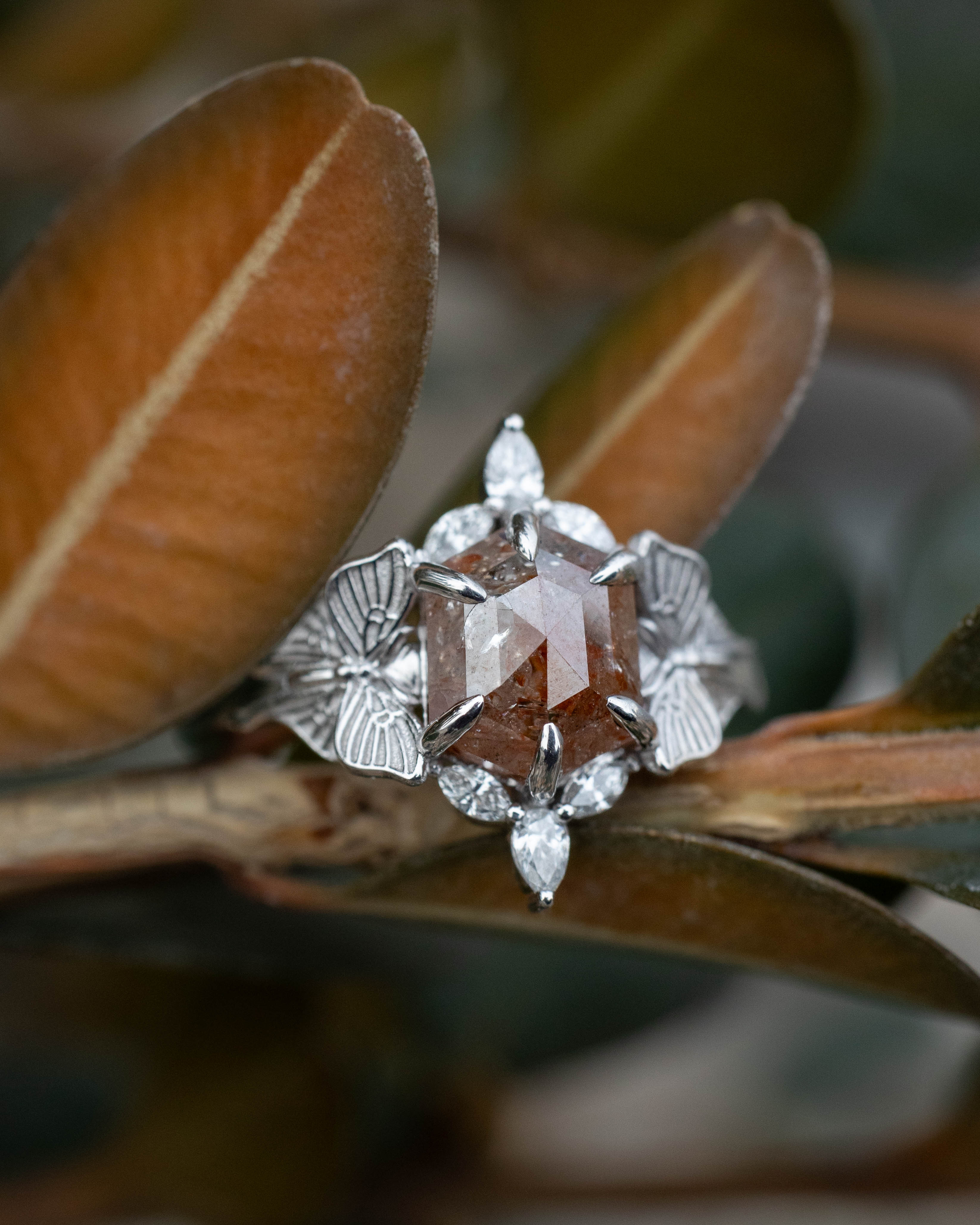 ONE-OF-A-KIND - "LUNA" - MOTH-INSPIRED ENGAGEMENT RING FEATURING HEXAGON ROSE CUT SALT & PEPPER DIAMOND WITH DIAMOND ACCENTS-Staghead Designs