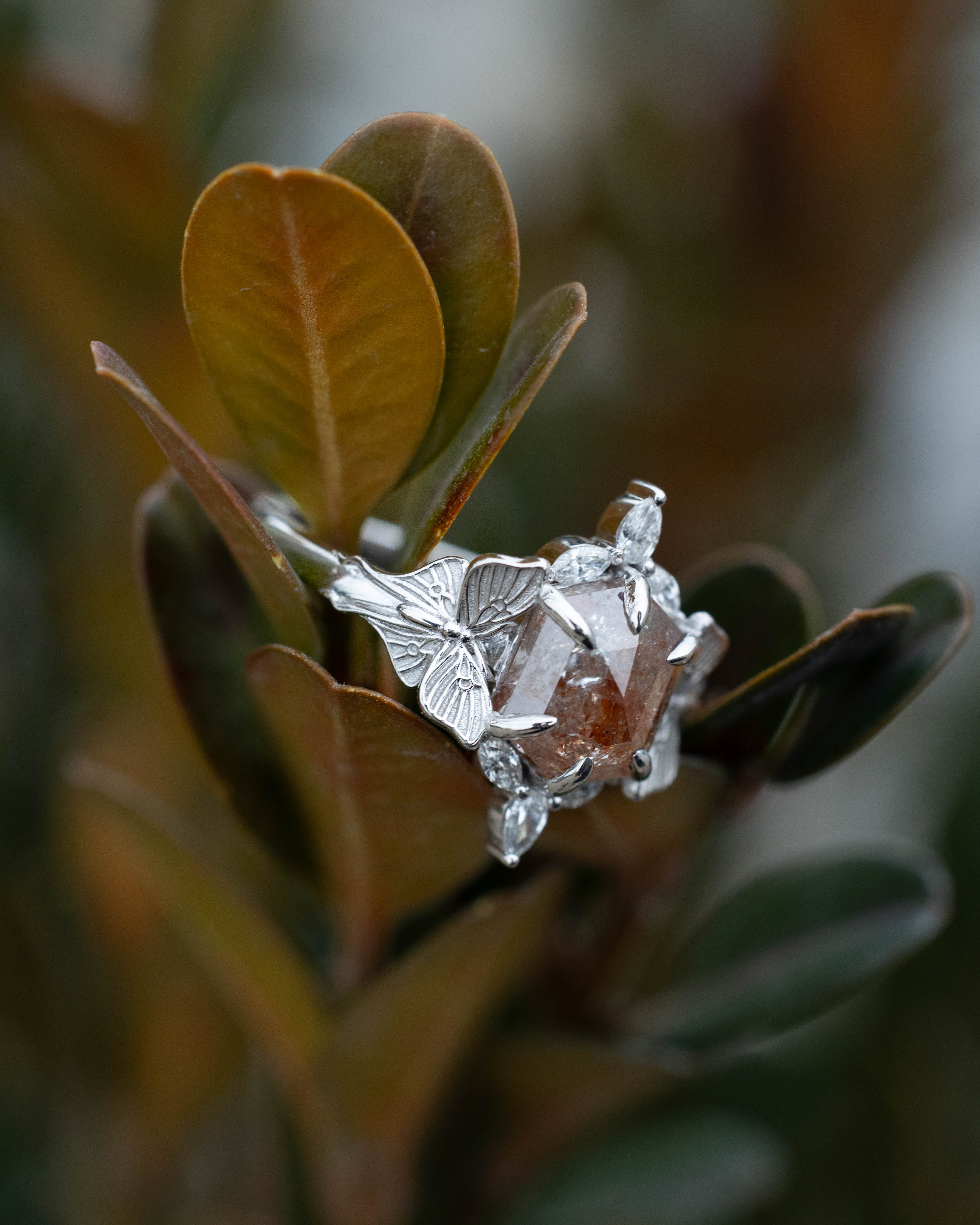 ONE-OF-A-KIND - "LUNA" - MOTH-INSPIRED ENGAGEMENT RING FEATURING HEXAGON ROSE CUT SALT & PEPPER DIAMOND WITH DIAMOND ACCENTS-Staghead Designs