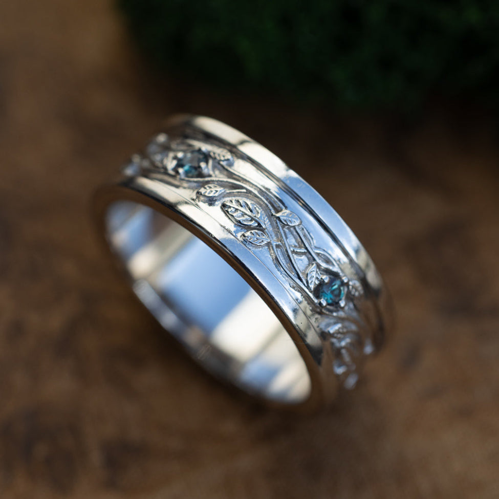 "Cypress" - Custom Vine-Inspired Engraved Men's Wedding Ring With Lab-Grown Alexandrite Accents And Leaf Filigree-Staghead Designs