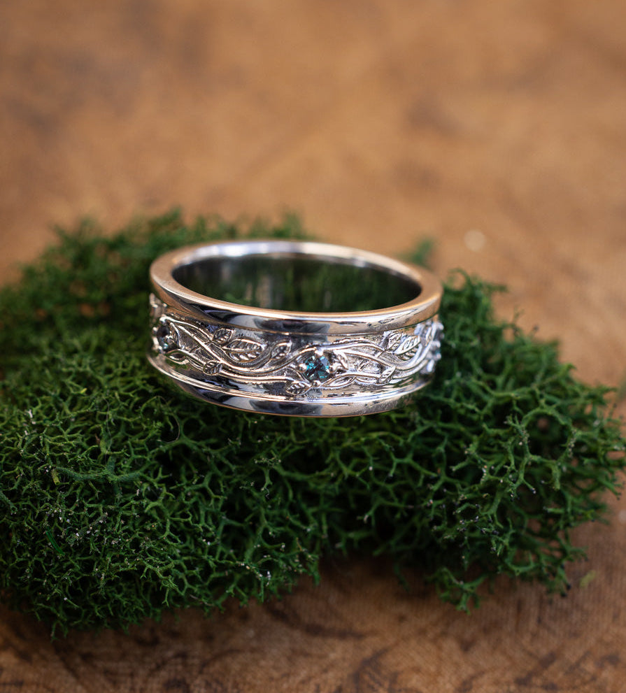 "Cypress" - Custom Vine-Inspired Engraved Men's Wedding Ring With Lab-Grown Alexandrite Accents And Leaf Filigree-Staghead Designs