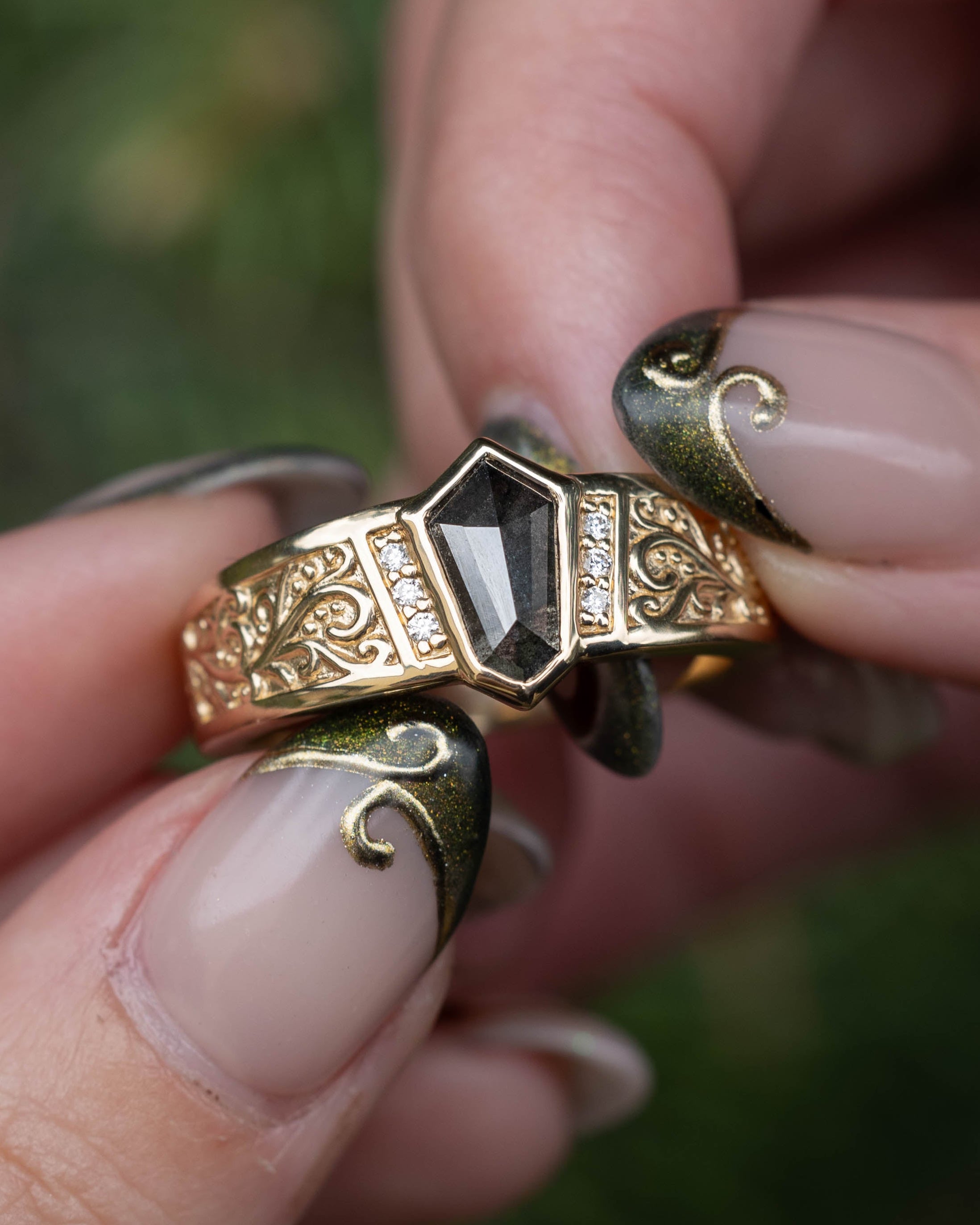 One-Of-A-Kind - "Selene" Band - Shield Rose Cut Salt & Pepper Diamond Engagement Ring With Vine-Style Filigree And Diamond Accents-Staghead Designs