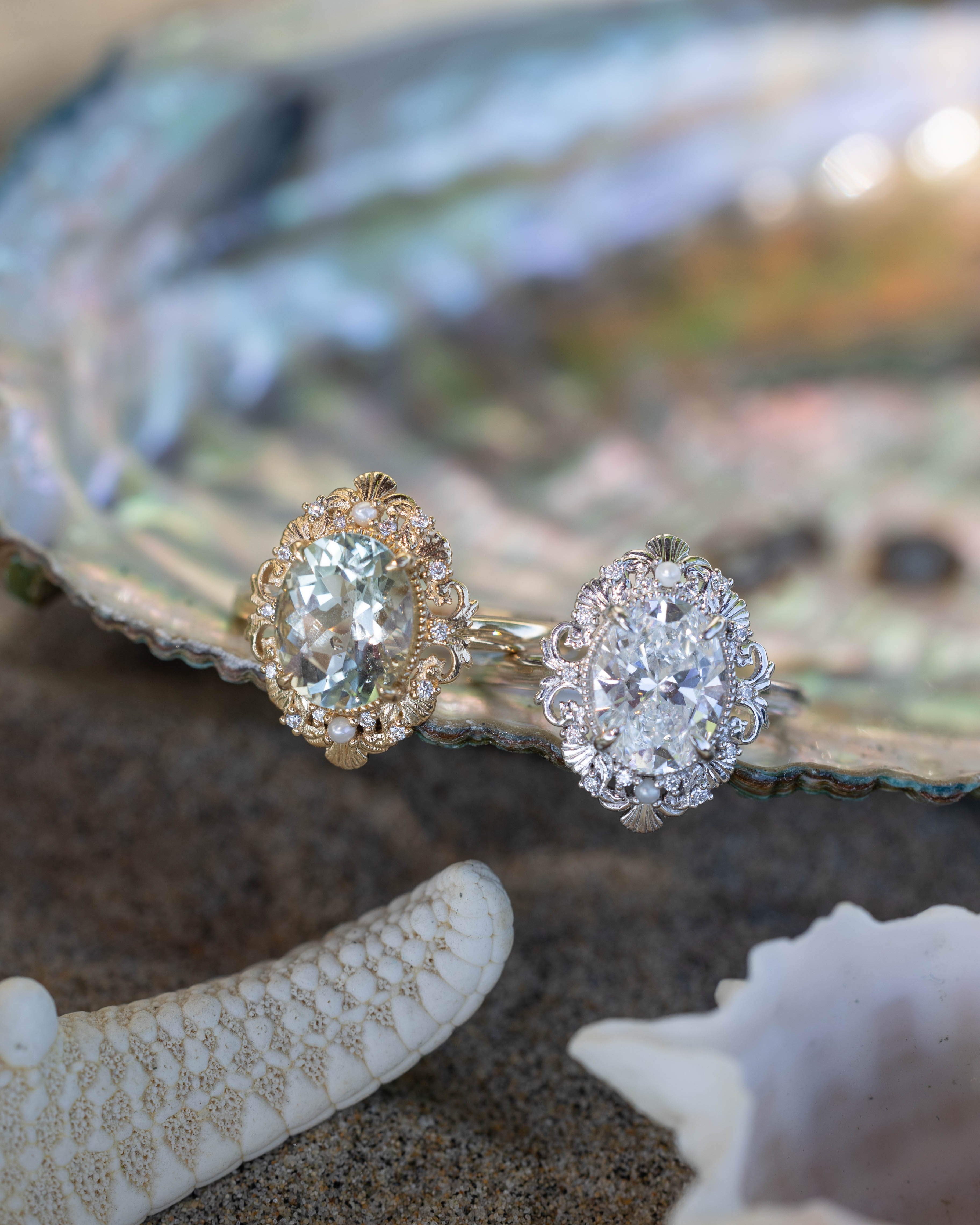 "MERROW" - OVAL CUT GREEN PRASIOLITE ENGAGEMENT RING WITH DIAMOND & PEARL ACCENTS-Staghead Designs