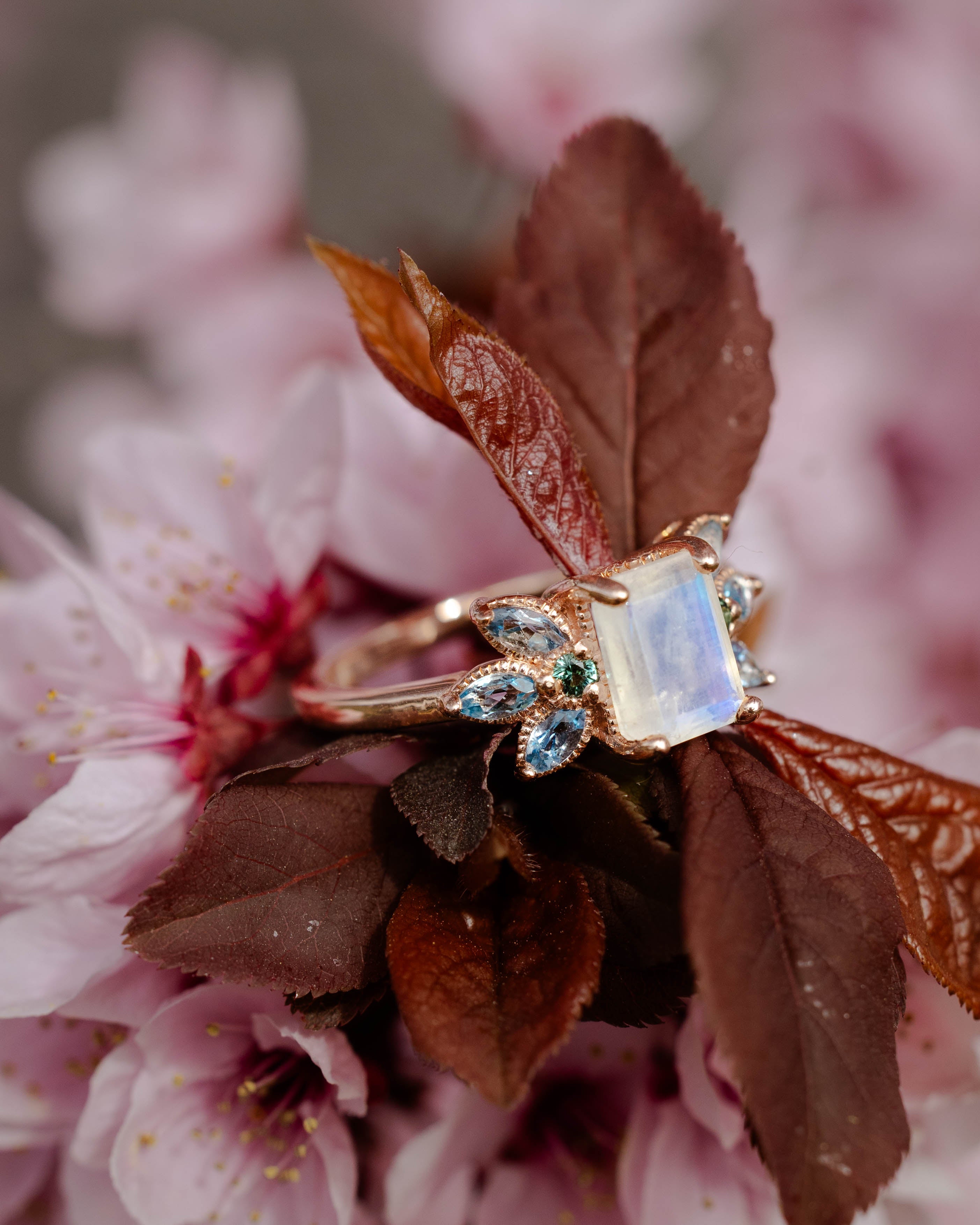 "MOONSHADOW" - EMERALD CUT MOONSTONE ENGAGEMENT RING WITH GREEN TOURMALINE & AQUAMARINE ACCENTS-Staghead Designs