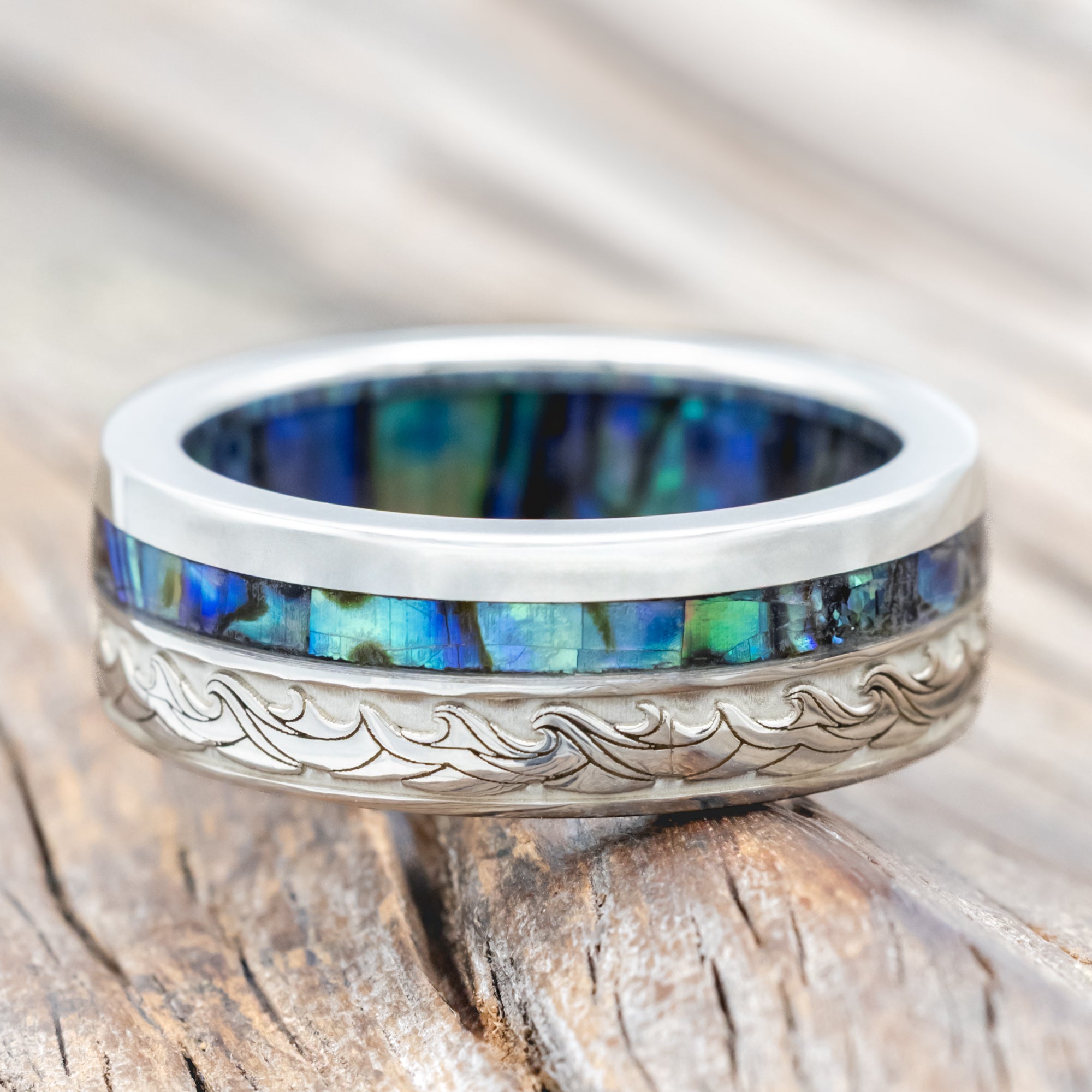 "TRITON" - WAVE ENGRAVED WEDDING BAND WITH PAUA SHELL INLAY & LINING