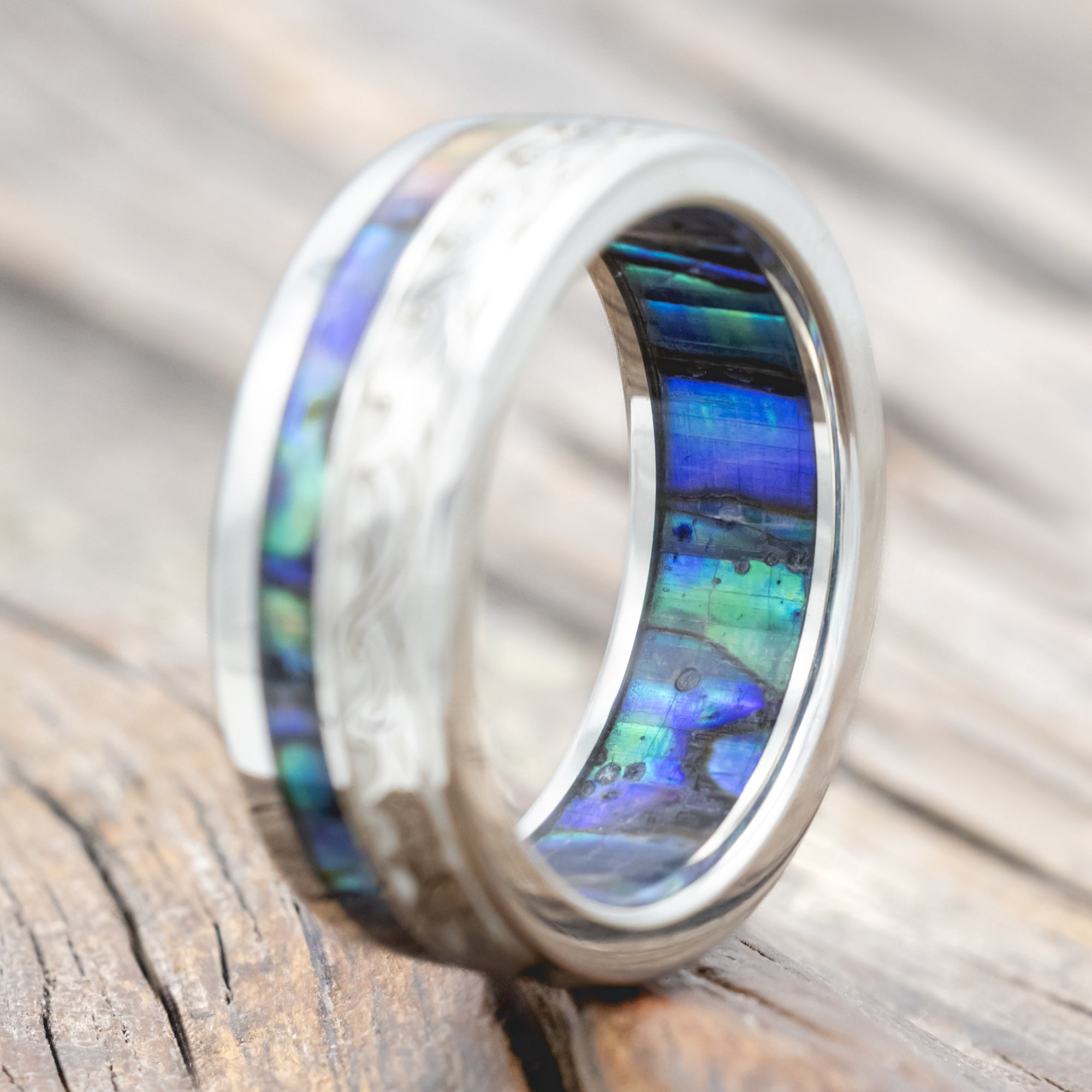 "TRITON" - WAVE ENGRAVED WEDDING BAND WITH PAUA SHELL INLAY & LINING
