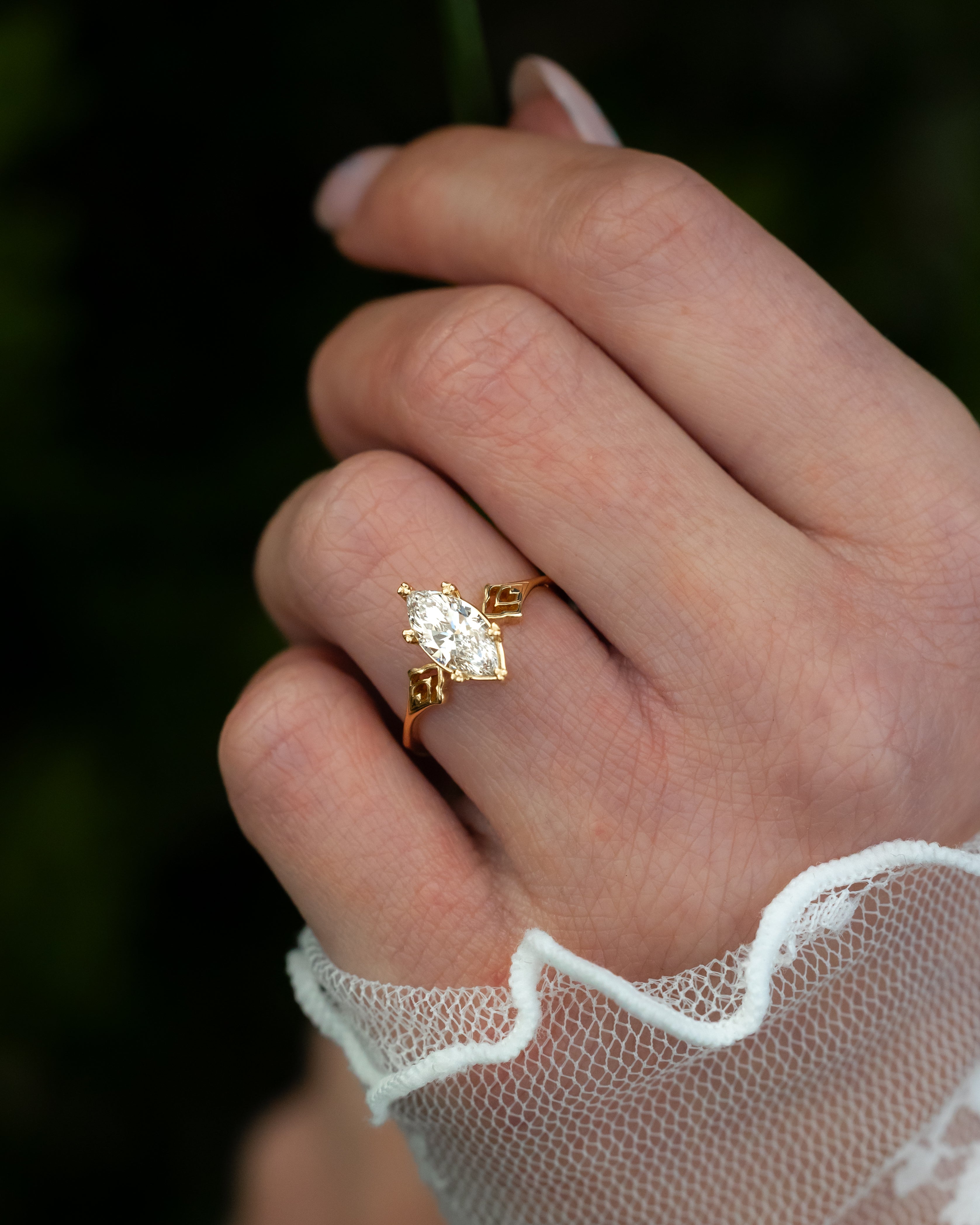 ONE-OF-A-KIND - "MORRIGAN" - ORNATE SOLITAIRE ENGAGEMENT RING WITH 1.10CT LAB-GROWN MARQUISE CUT DIAMOND-Staghead Designs