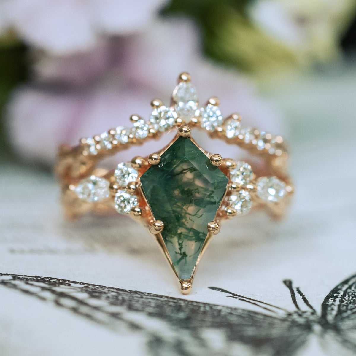 "SAGE" - KITE CUT MOSS AGATE ENGAGEMENT RING WITH DIAMOND ACCENTS & TRACER-Staghead Designs
