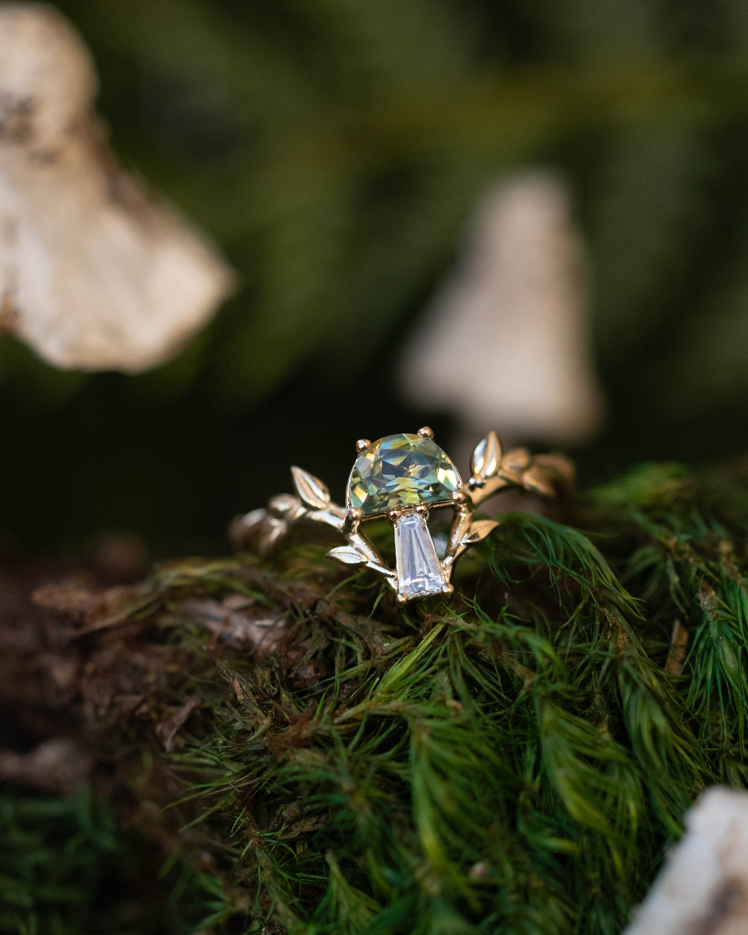 "FAE" - MUSHROOM RING WITH MONTANA SAPPHIRE & DIAMOND ACCENT ON A BRANCH-STYLE BAND-Staghead Designs