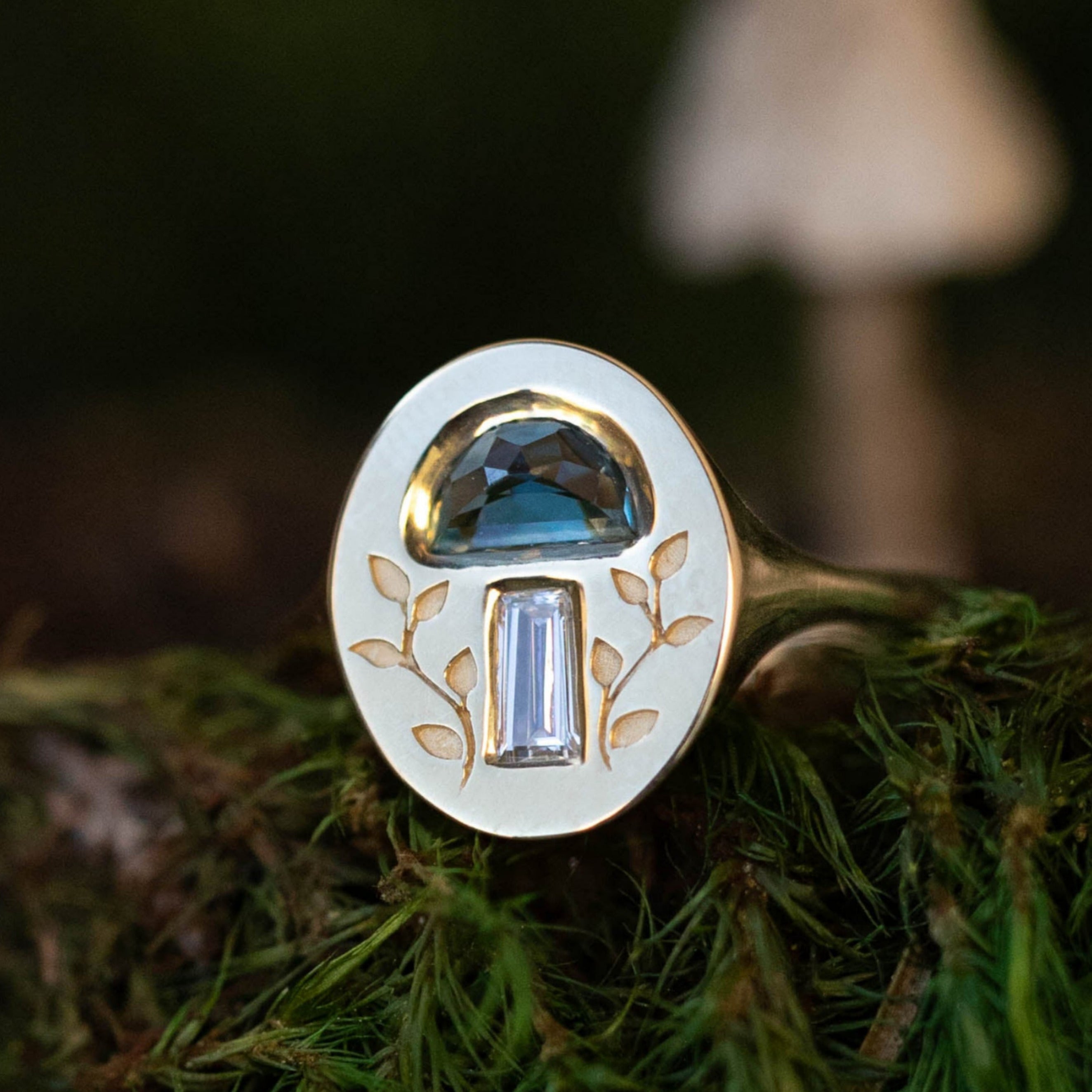 MUSHROOM SIGNET RING WITH HALF MOON CENTER STONE, DIAMOND ACCENT, AND VINE ENGRAVINGS - MOUNTING ONLY - SELECT YOUR OWN STONE-Staghead Designs