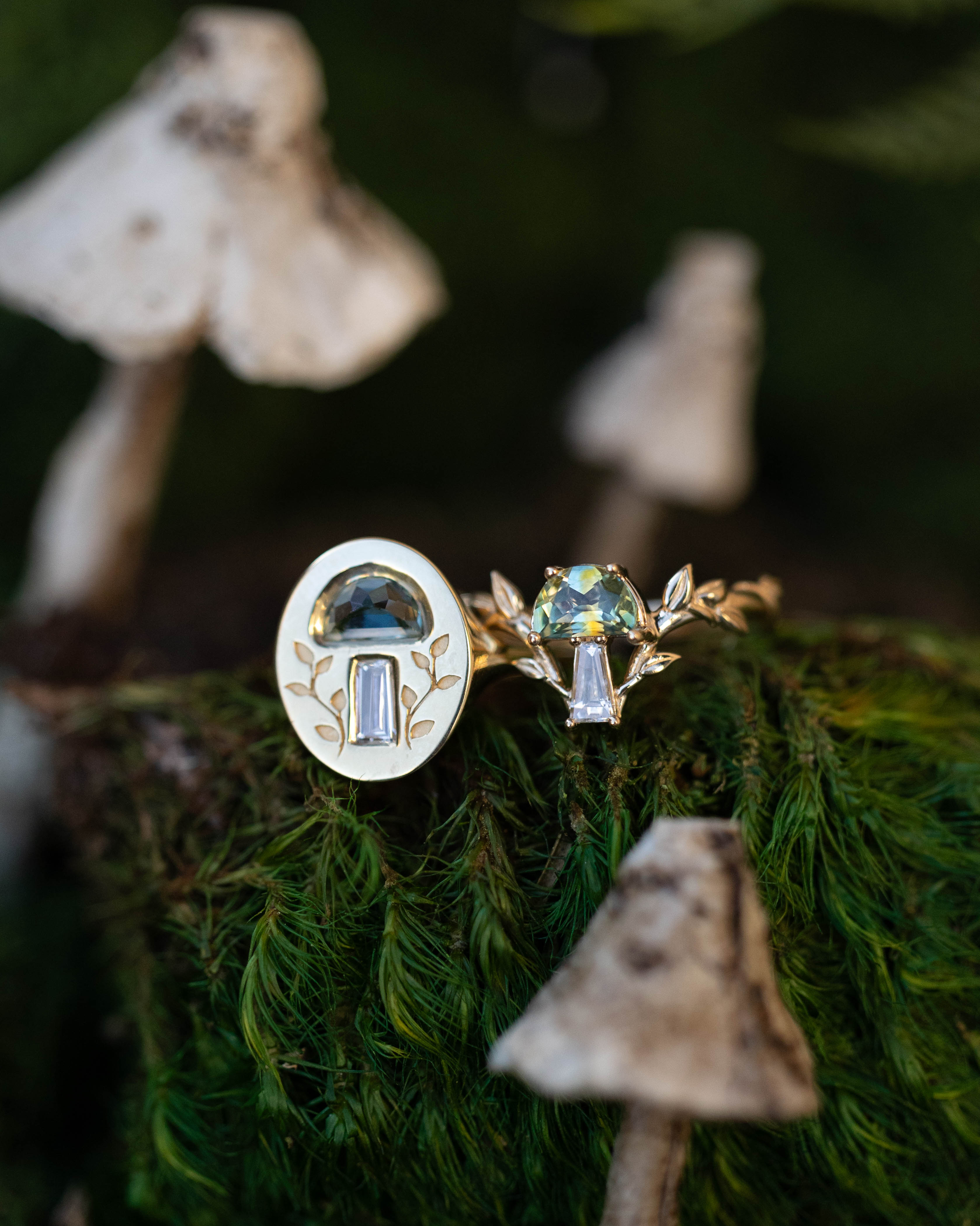 MUSHROOM SIGNET RING WITH HALF MOON CENTER STONE, DIAMOND ACCENT, AND VINE ENGRAVINGS - MOUNTING ONLY - SELECT YOUR OWN STONE-Staghead Designs