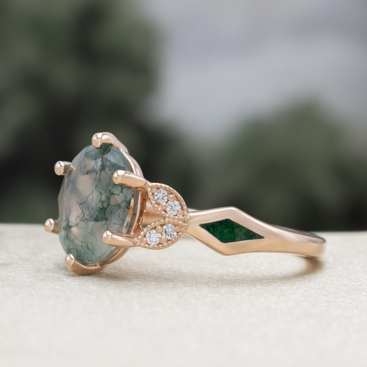 "Lucia" - Oval Cut Moss Agate Engagement Ring With Diamond Accents & Natural Moss Inlays-Staghead Designs