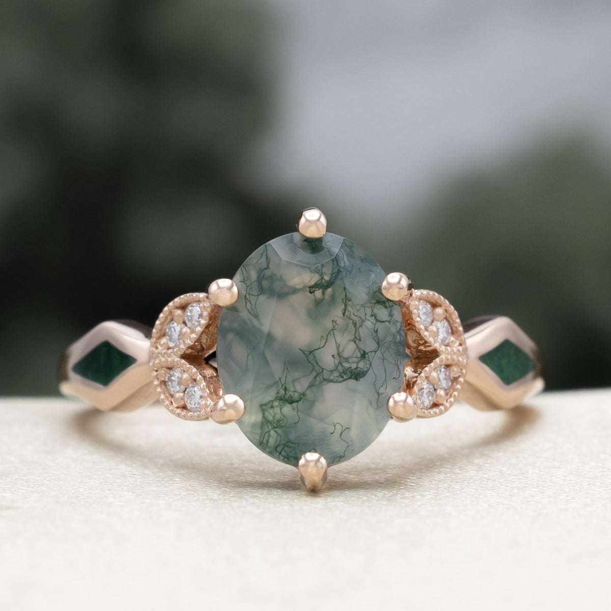 "Lucia" - Oval Cut Moss Agate Engagement Ring With Diamond Accents & Natural Moss Inlays-Staghead Designs