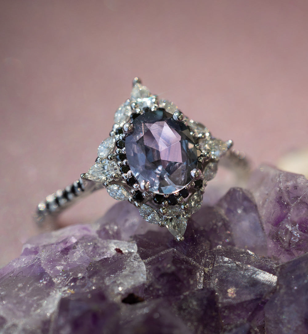 ONE-OF-A-KIND - "NORTH STAR" - OVAL CUT MONTANA SAPPHIRE ENGAGEMENT RING WITH DIAMOND HALO & BLACK DIAMOND ACCENTS-Staghead Designs
