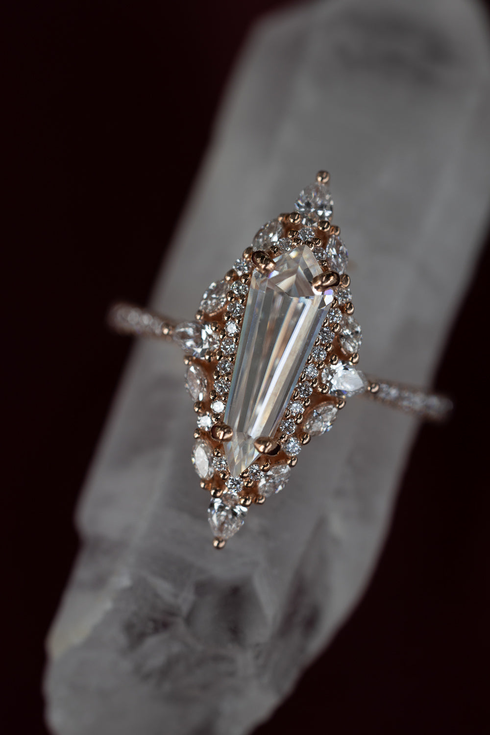 "NORTH STAR" - DAGGER CUT MOISSANITE ENGAGEMENT RING WITH DIAMOND HALO & ACCENTS-Staghead Designs