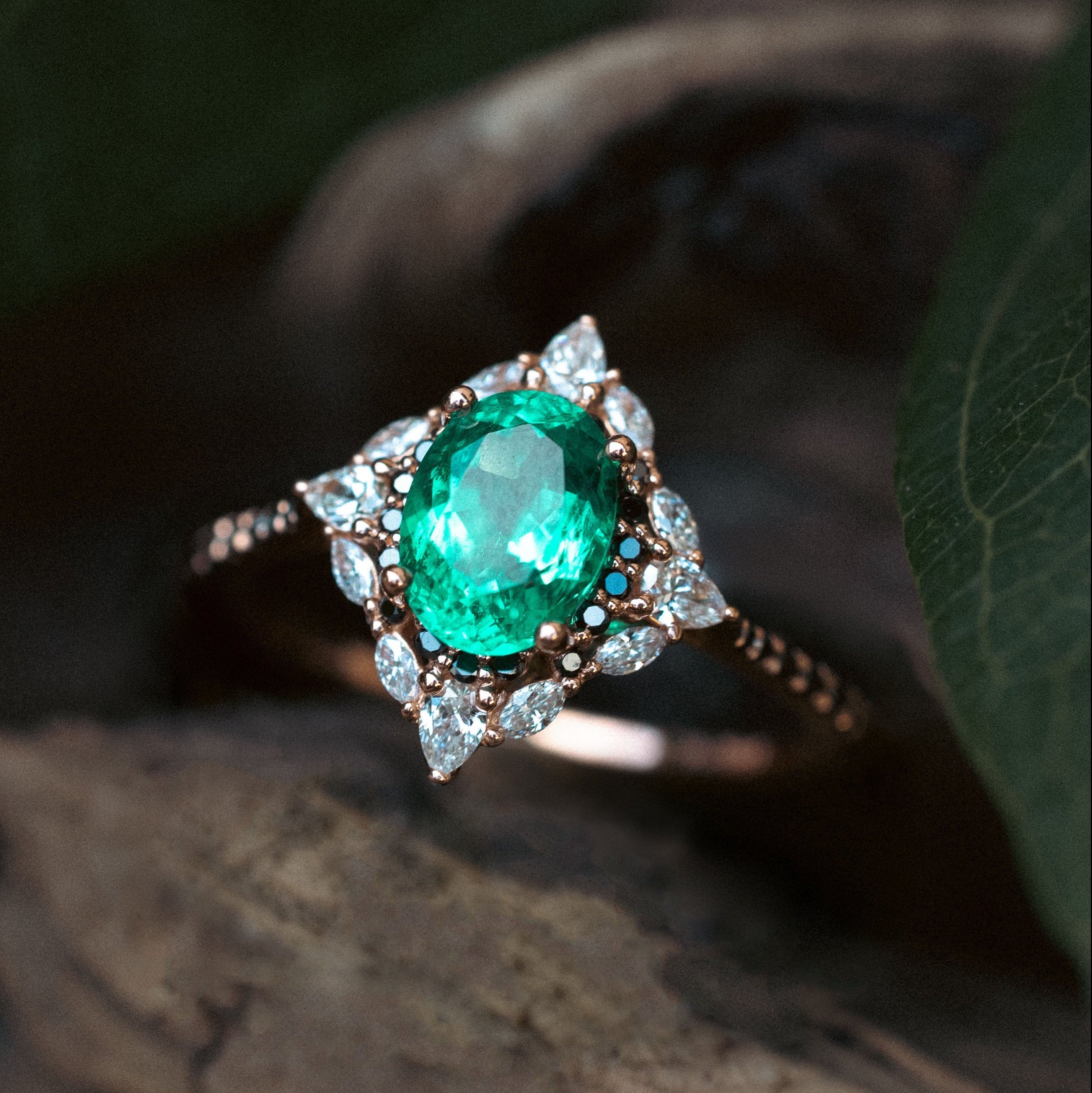 "North Star" - Oval Lab-Grown Emerald Engagement Ring With Diamond Halo & Black Diamond Accents-Staghead Designs