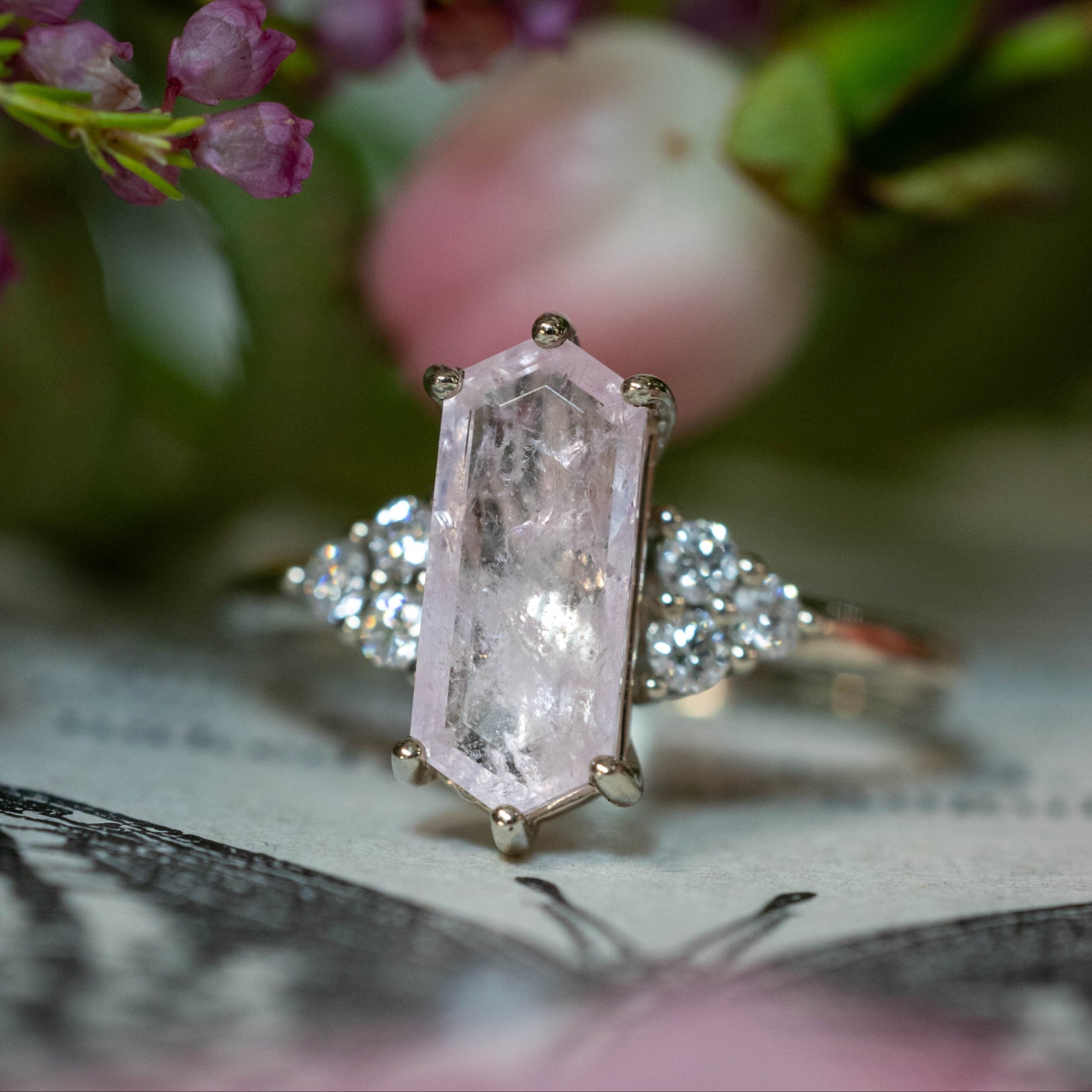 ONE-OF-A-KIND - "OCTAVIA" - ELONGATED HEXAGON CUT MORGANITE ENGAGEMENT RING WITH DIAMOND ACCENTS-Staghead Designs