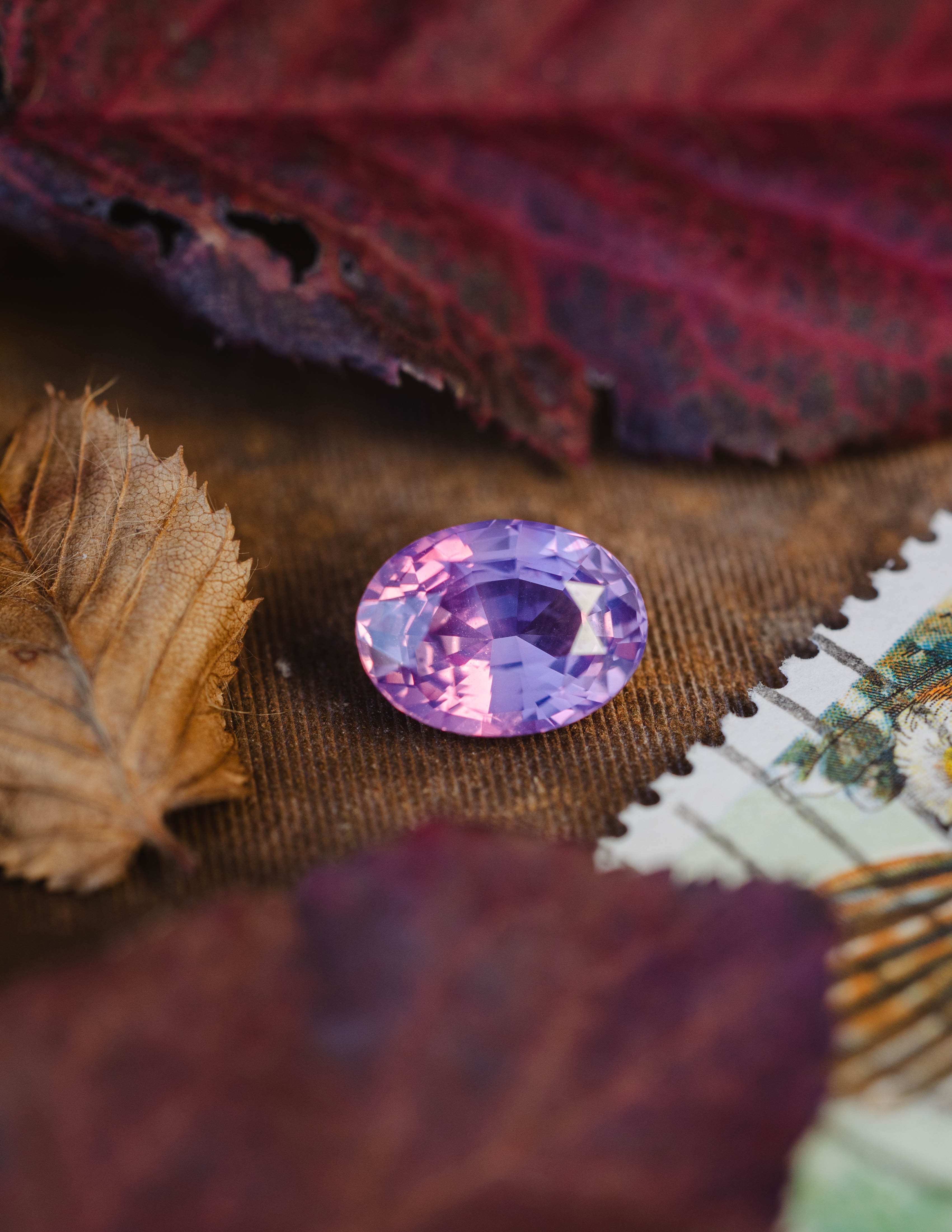 Purple sapphire on a textured surface with leaves and fabric