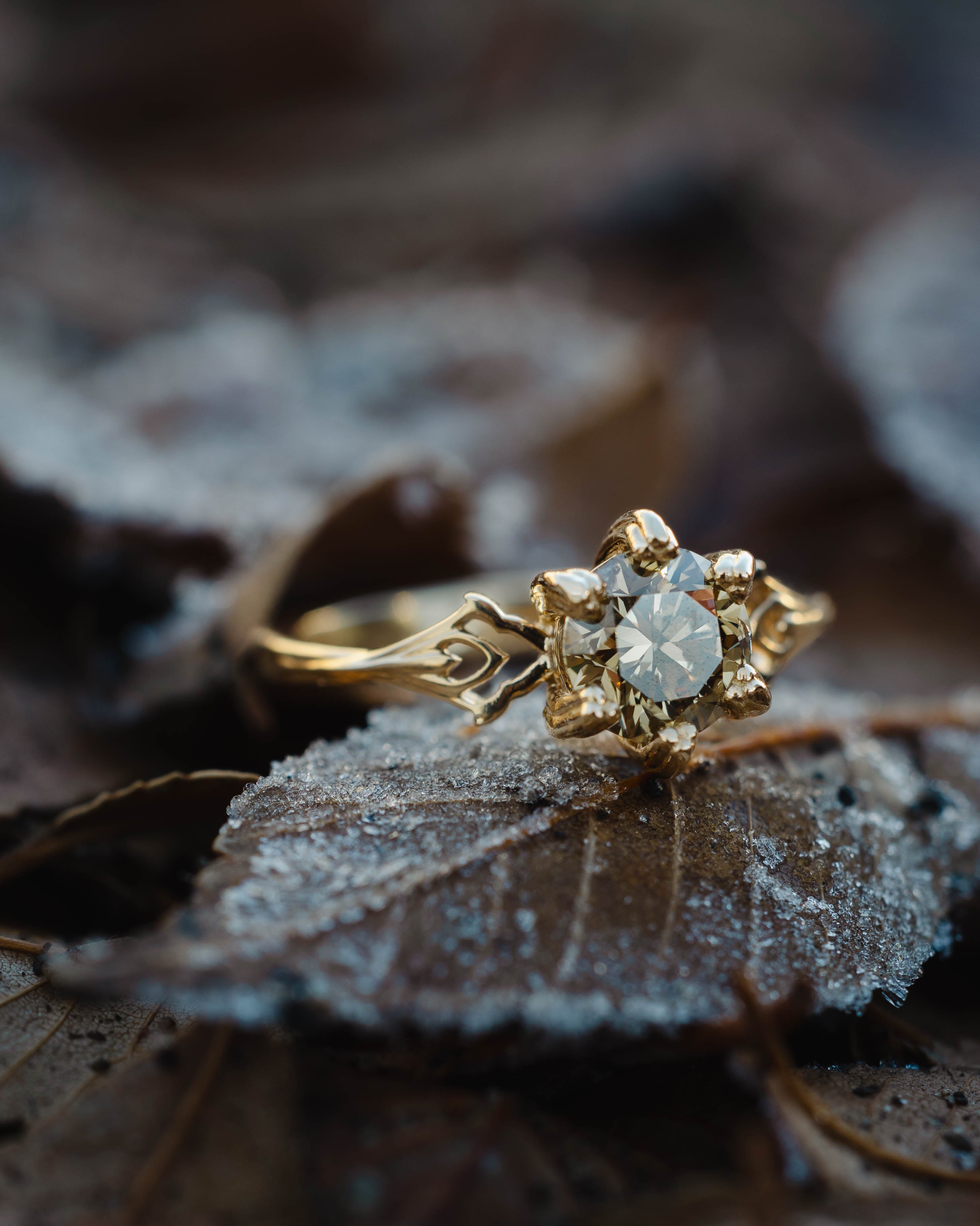ONE-OF-A-KIND - "MORRIGAN" - ORNATE SOLITAIRE ENGAGEMENT RING WITH ROUND CUT CHAMPAGNE SALT & PEPPER DIAMOND-Staghead Designs