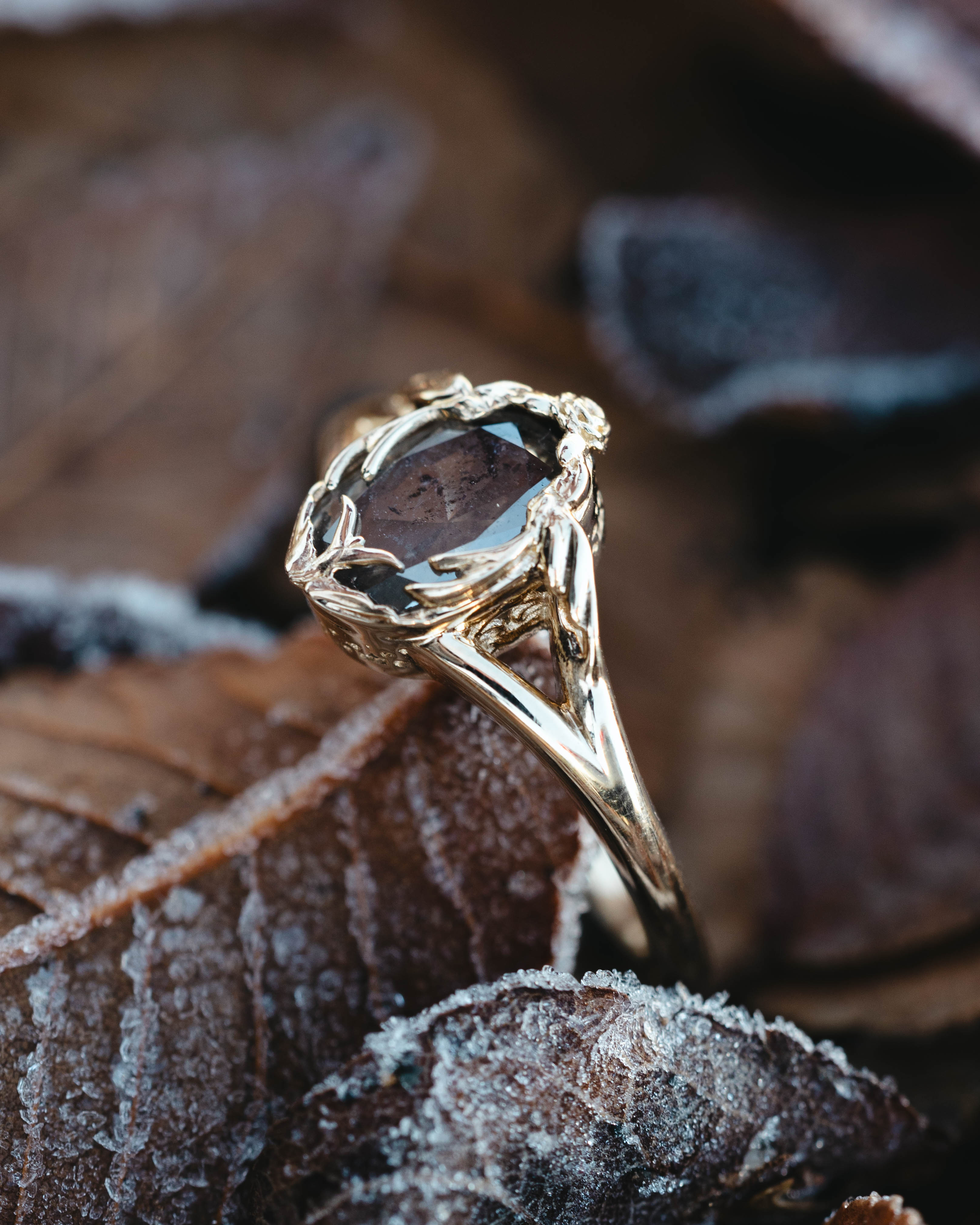 ONE-OF-A-KIND - "HIRONDELLE" - OVAL DOUBLE CUT SALT & PEPPER DIAMOND ENGAGEMENT RING WITH SWALLOW BIRD-INSPIRED FILIGREE-Staghead Designs