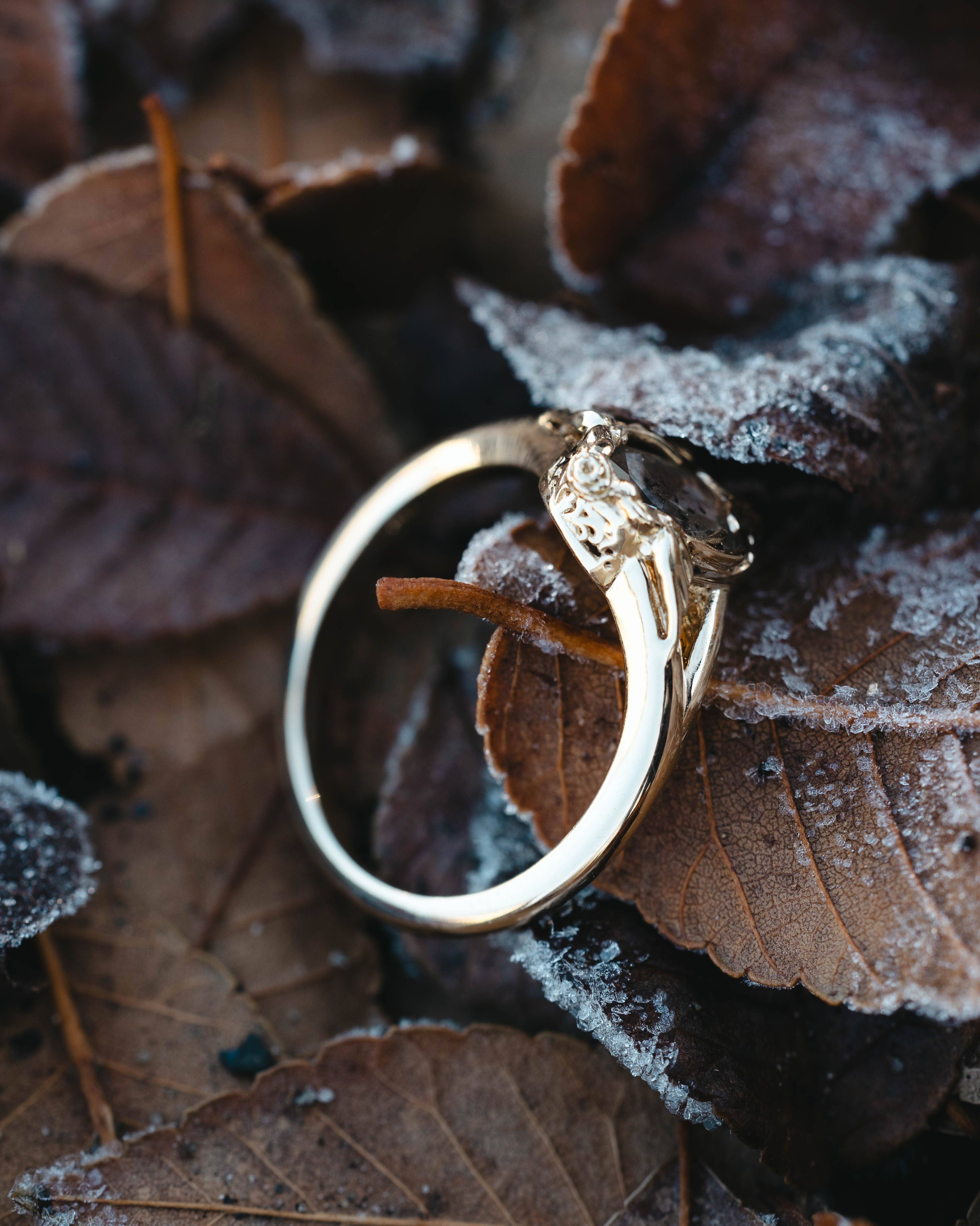 ONE-OF-A-KIND - "HIRONDELLE" - OVAL DOUBLE CUT SALT & PEPPER DIAMOND ENGAGEMENT RING WITH SWALLOW BIRD-INSPIRED FILIGREE-Staghead Designs