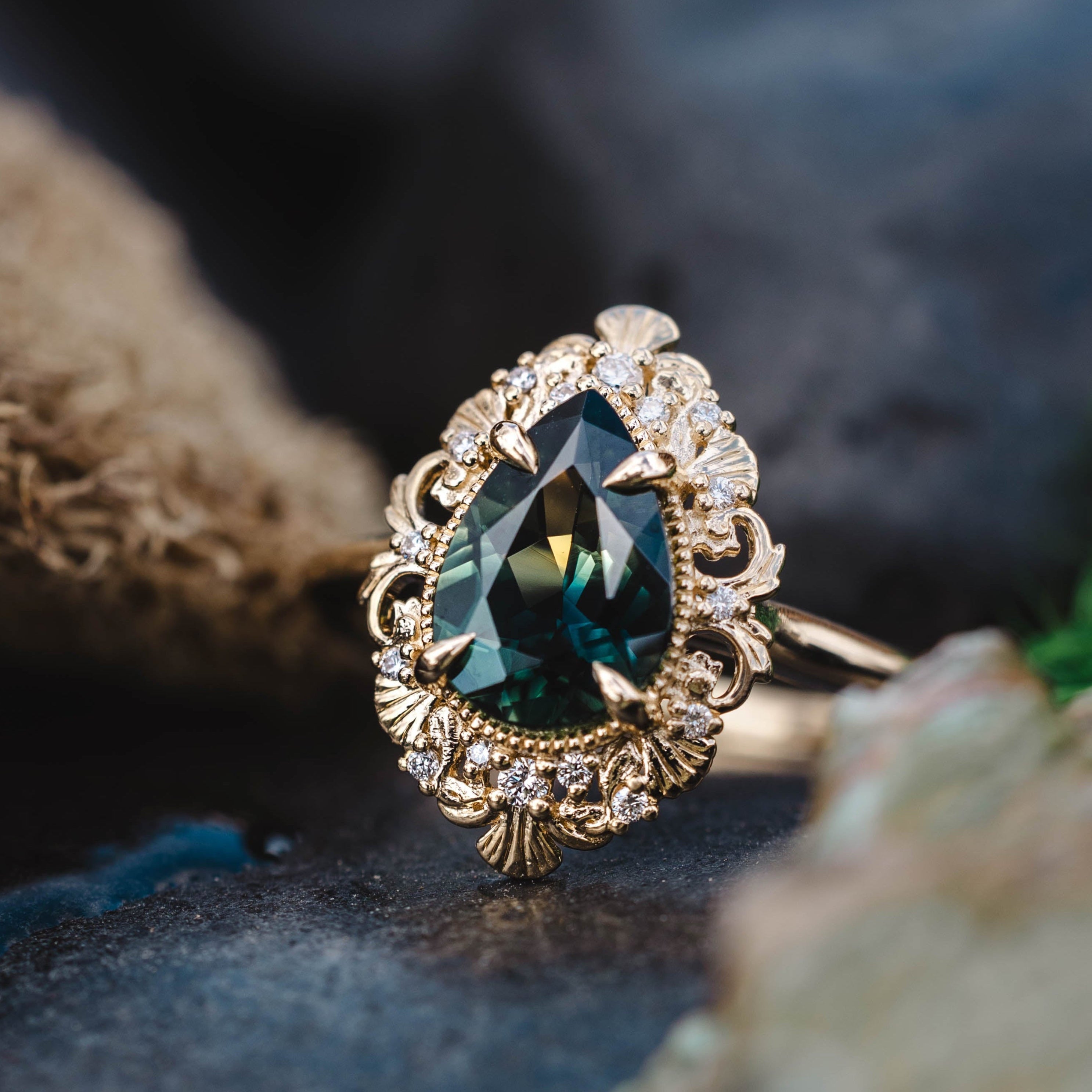 ONE-OF-A-KIND - "MERROW" - PEAR CUT NIGERIAN SAPPHIRE ENGAGEMENT RING WITH DIAMOND ACCENTS-Staghead Designs