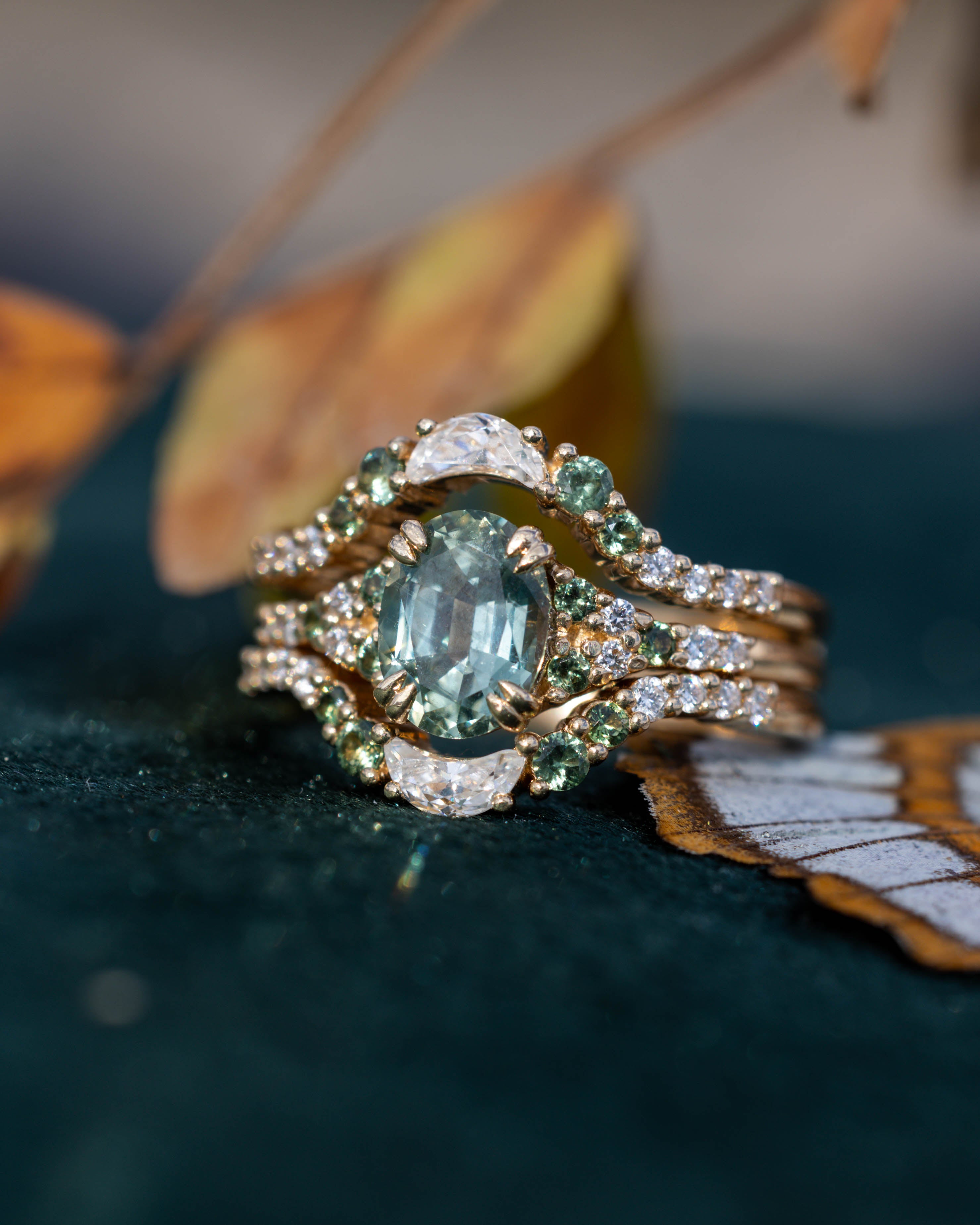 ONE-OF-A-KIND - "SOLUNA" - OVAL CUT MONTANA SAPPHIRE ENGAGEMENT RING FEATURING SAPPHIRE & DIAMOND ACCENTS WITH MOISSANITE RING GUARD-Staghead Designs