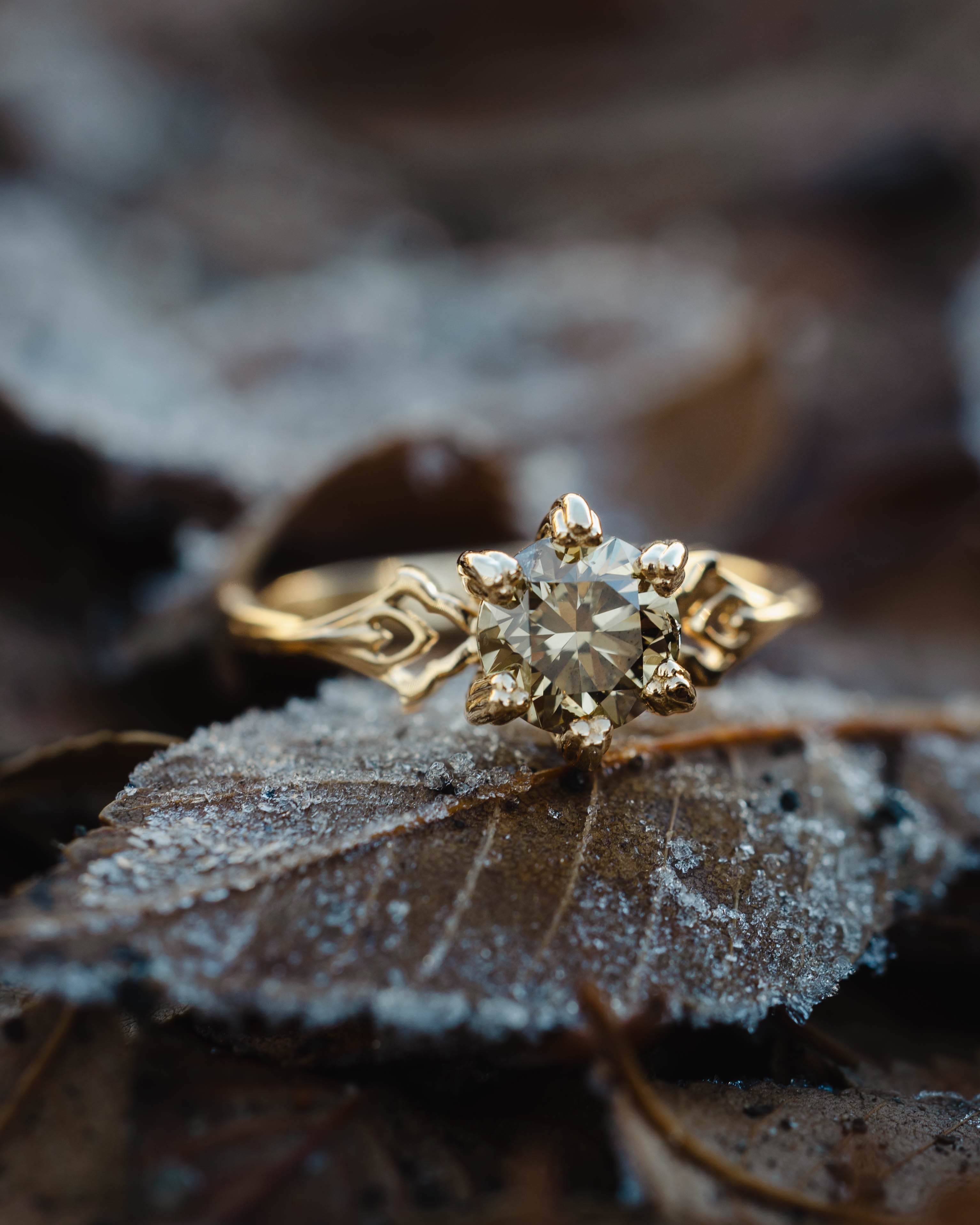 ONE-OF-A-KIND - "MORRIGAN" - ORNATE SOLITAIRE ENGAGEMENT RING WITH ROUND CUT CHAMPAGNE SALT & PEPPER DIAMOND-Staghead Designs