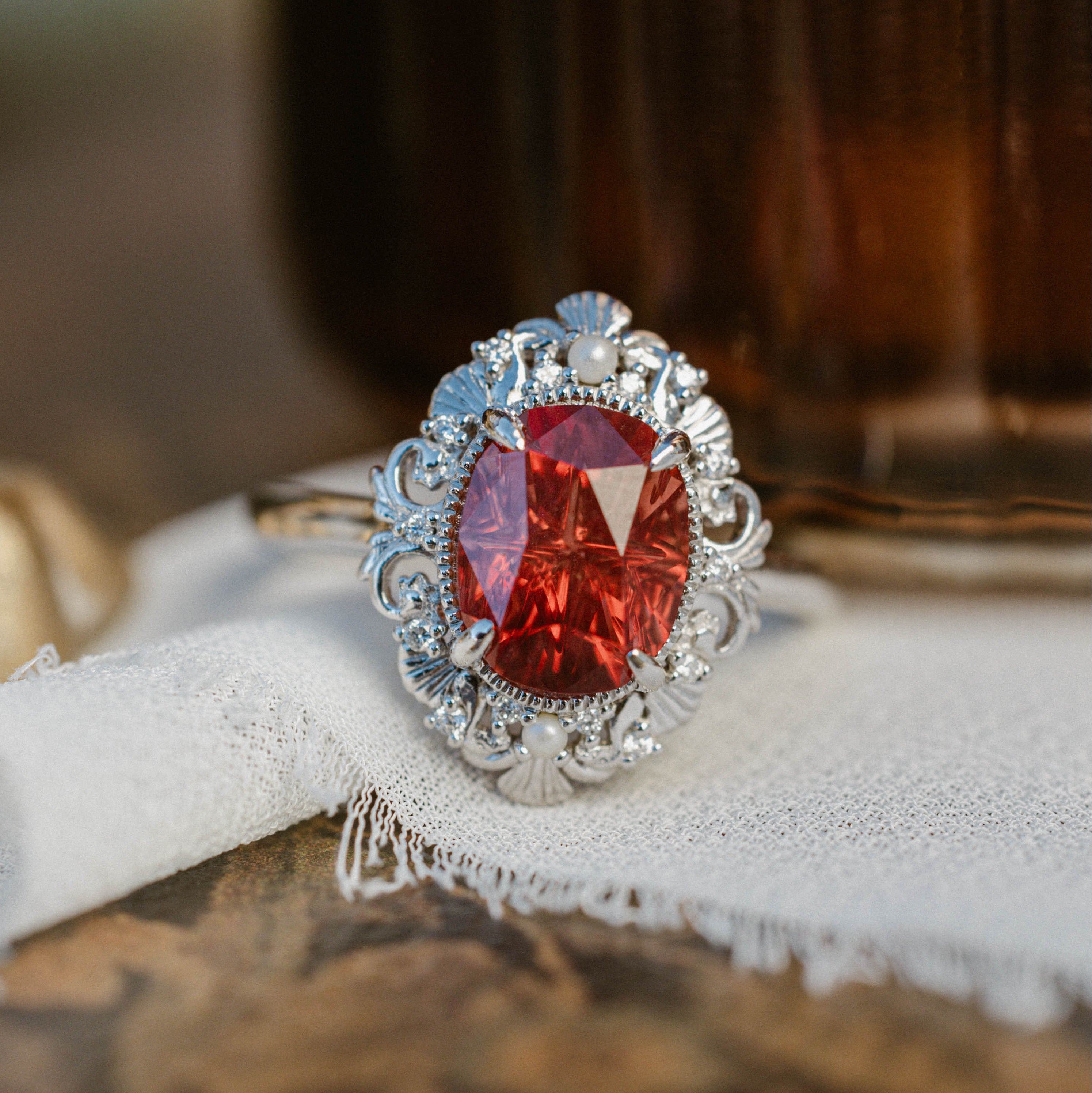 ONE-OF-A-KIND - "MERROW" - OVAL FOUR-DIRECTIONS CUT OREGON SUNSTONE ENGAGEMENT RING WITH DIAMOND & PEARL ACCENTS-Staghead Designs