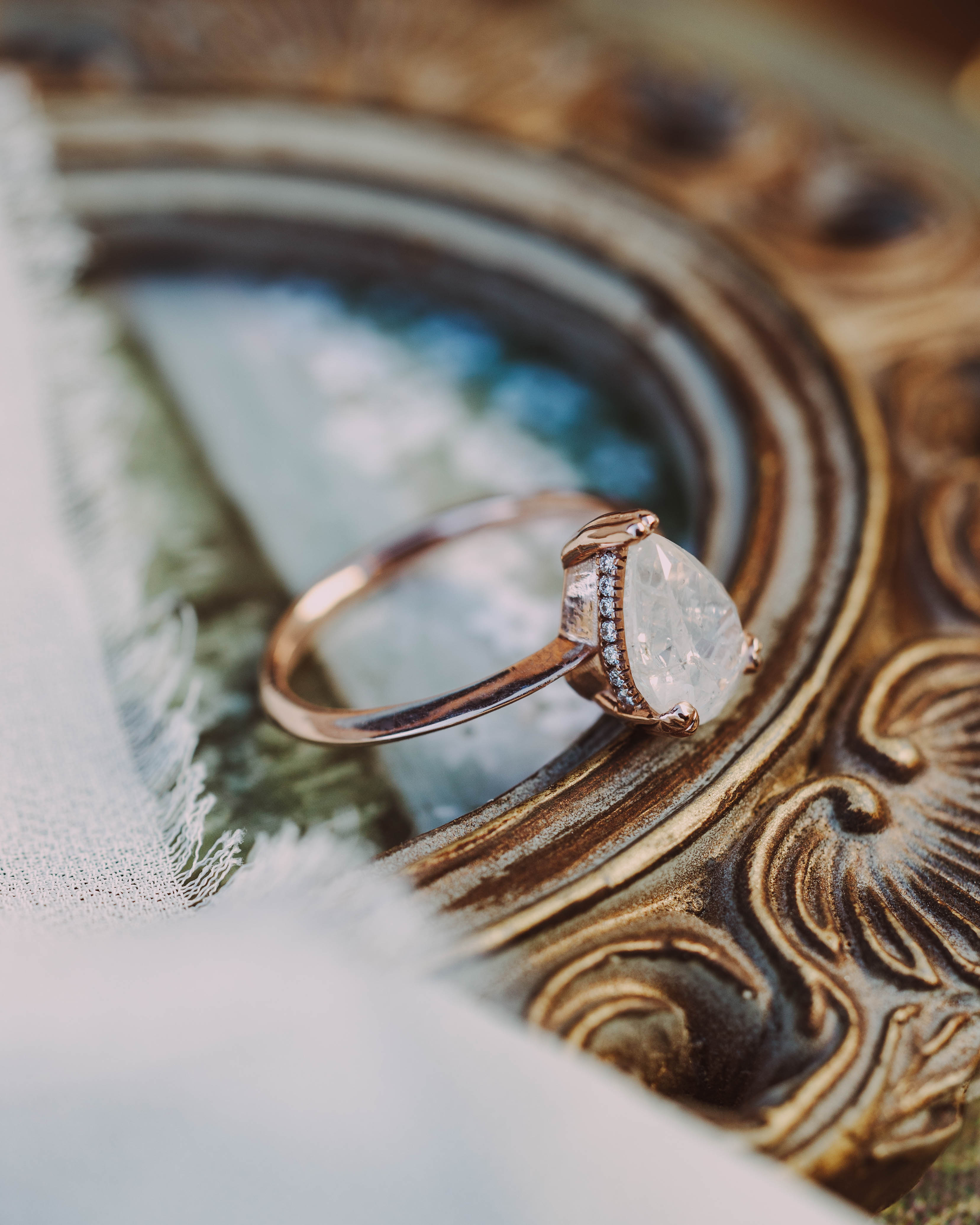 ONE-OF-A-KIND - "SAFIYA" - PEAR CUT SALT & PEPPER DIAMOND ENGAGEMENT RING WITH HIDDEN DIAMOND HALO-Staghead Designs