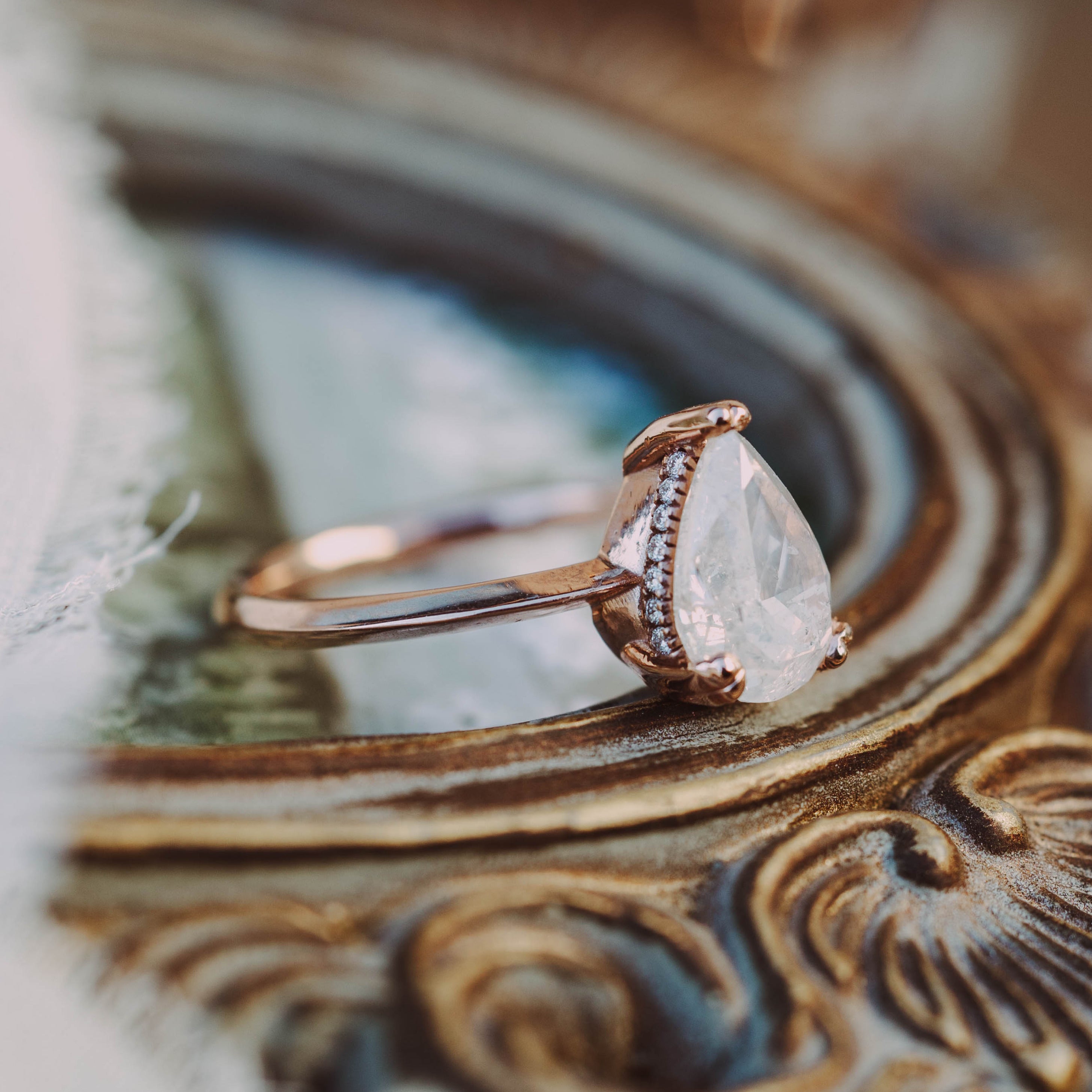 ONE-OF-A-KIND - "SAFIYA" - PEAR CUT SALT & PEPPER DIAMOND ENGAGEMENT RING WITH HIDDEN DIAMOND HALO-Staghead Designs