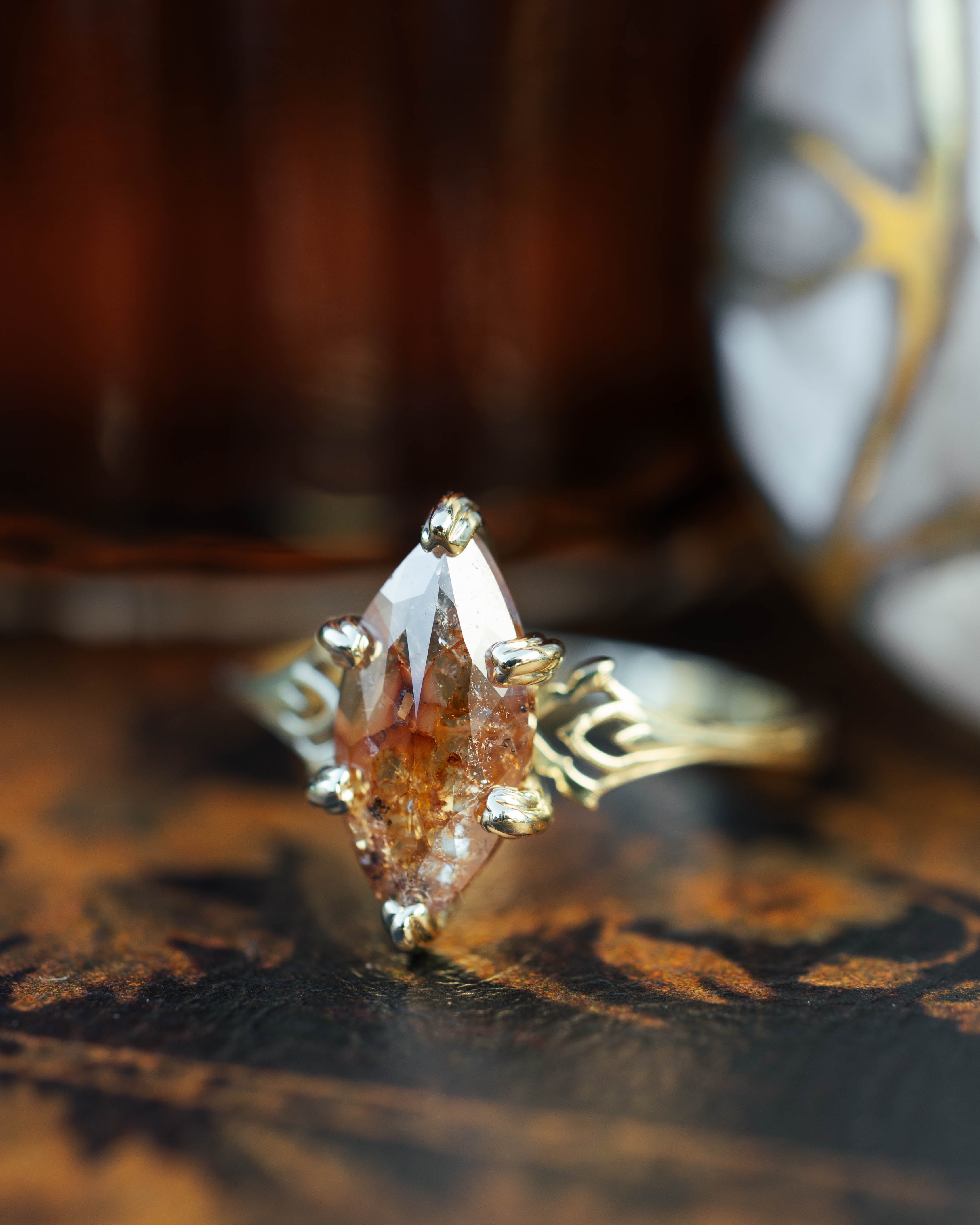 ONE-OF-A-KIND - "MORRIGAN" - ORNATE SOLITAIRE ENGAGEMENT RING WITH MARQUISE CUT SALT & PEPPER DIAMOND-Staghead Designs