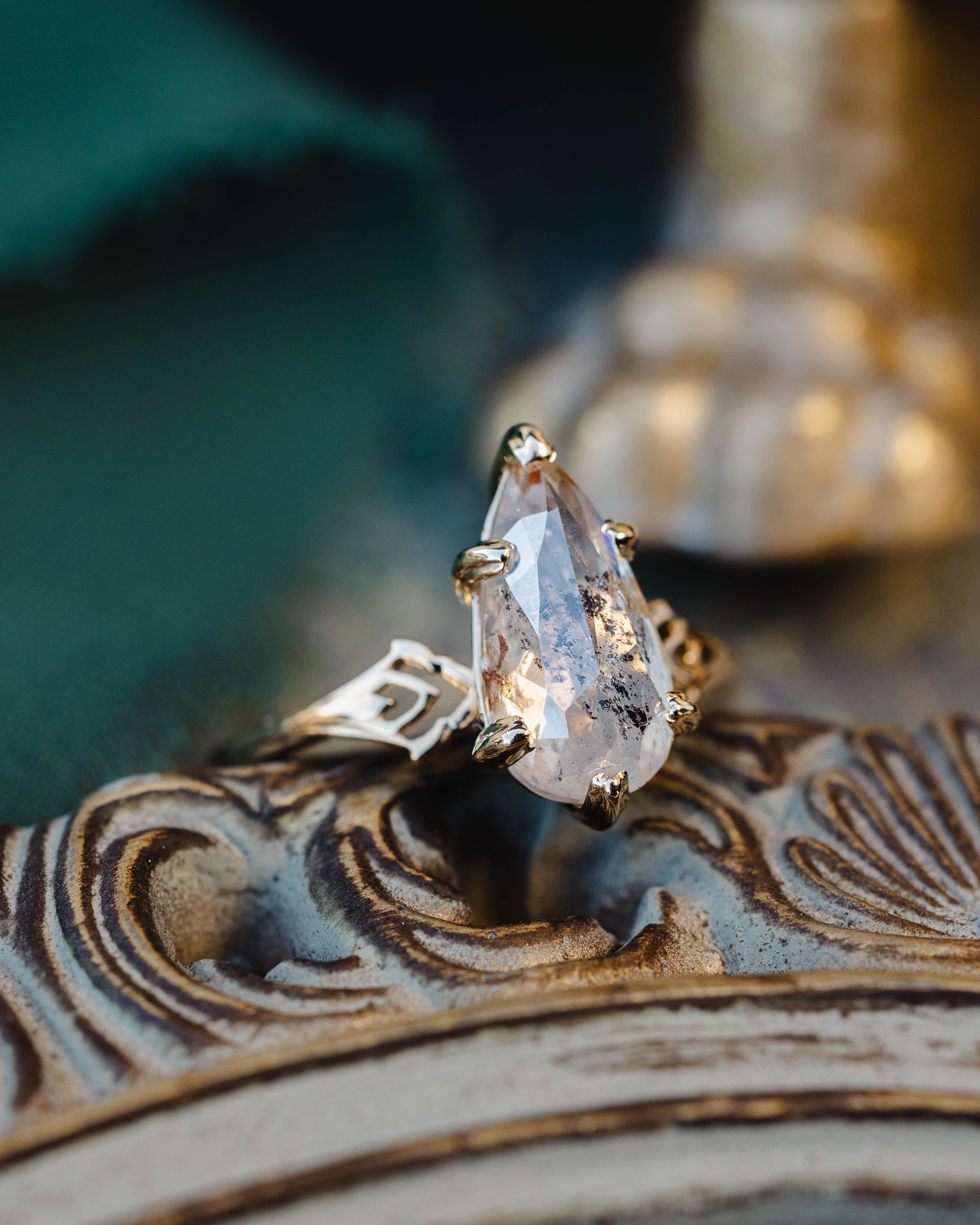 ONE-OF-A-KIND - "MORRIGAN" - ORNATE SOLITAIRE ENGAGEMENT RING WITH PEAR CUT SALT & PEPPER DIAMOND-Staghead Designs