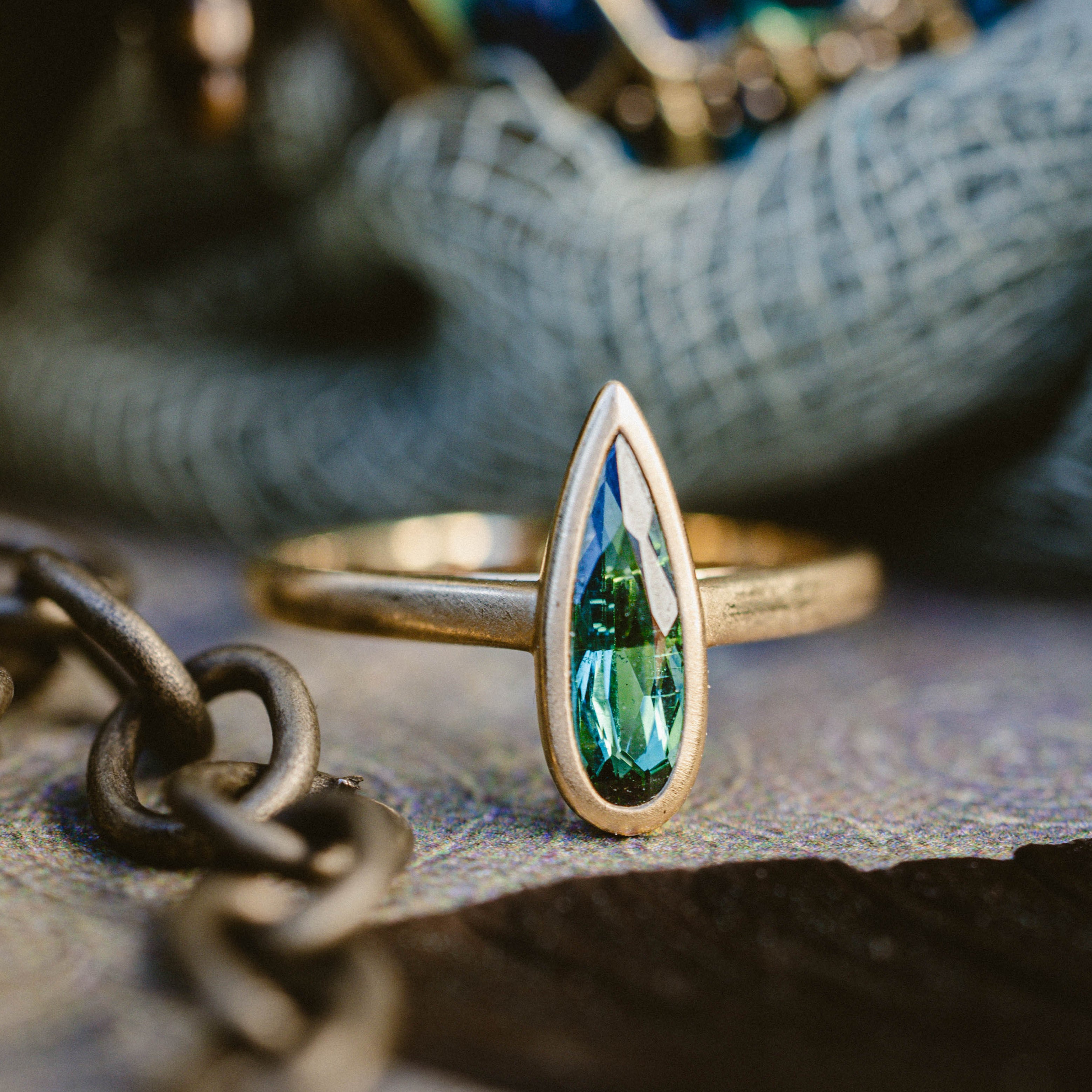 ONE-OF-A-KIND - "CARINA" - BEZEL-SET SOLITAIRE ENGAGEMENT RING WITH PEAR CUT TOURMALINE ON A BRUSHED 18K GOLD BAND-Staghead Designs