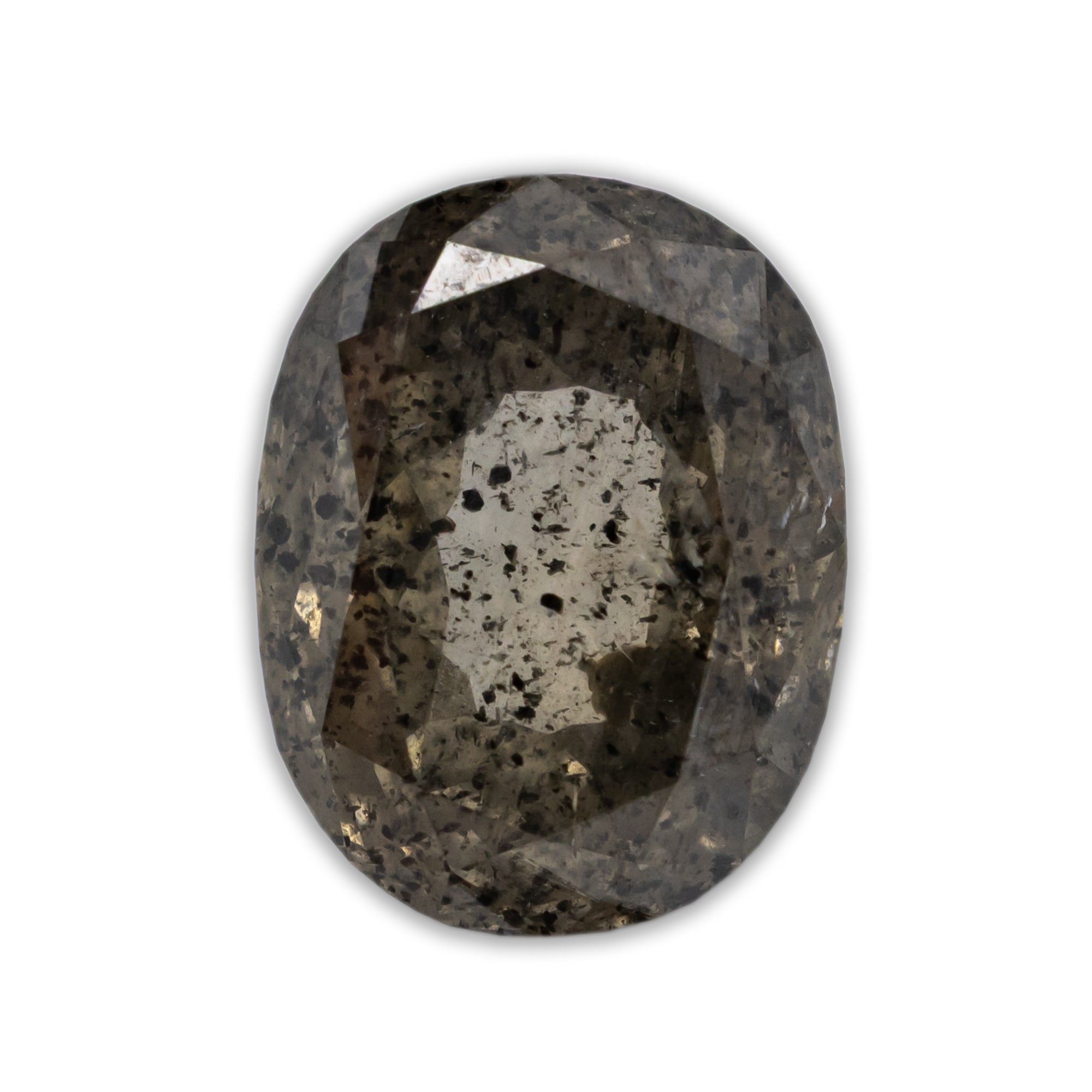 Oval salt & pepper diamond with greyish coloring on a white background
