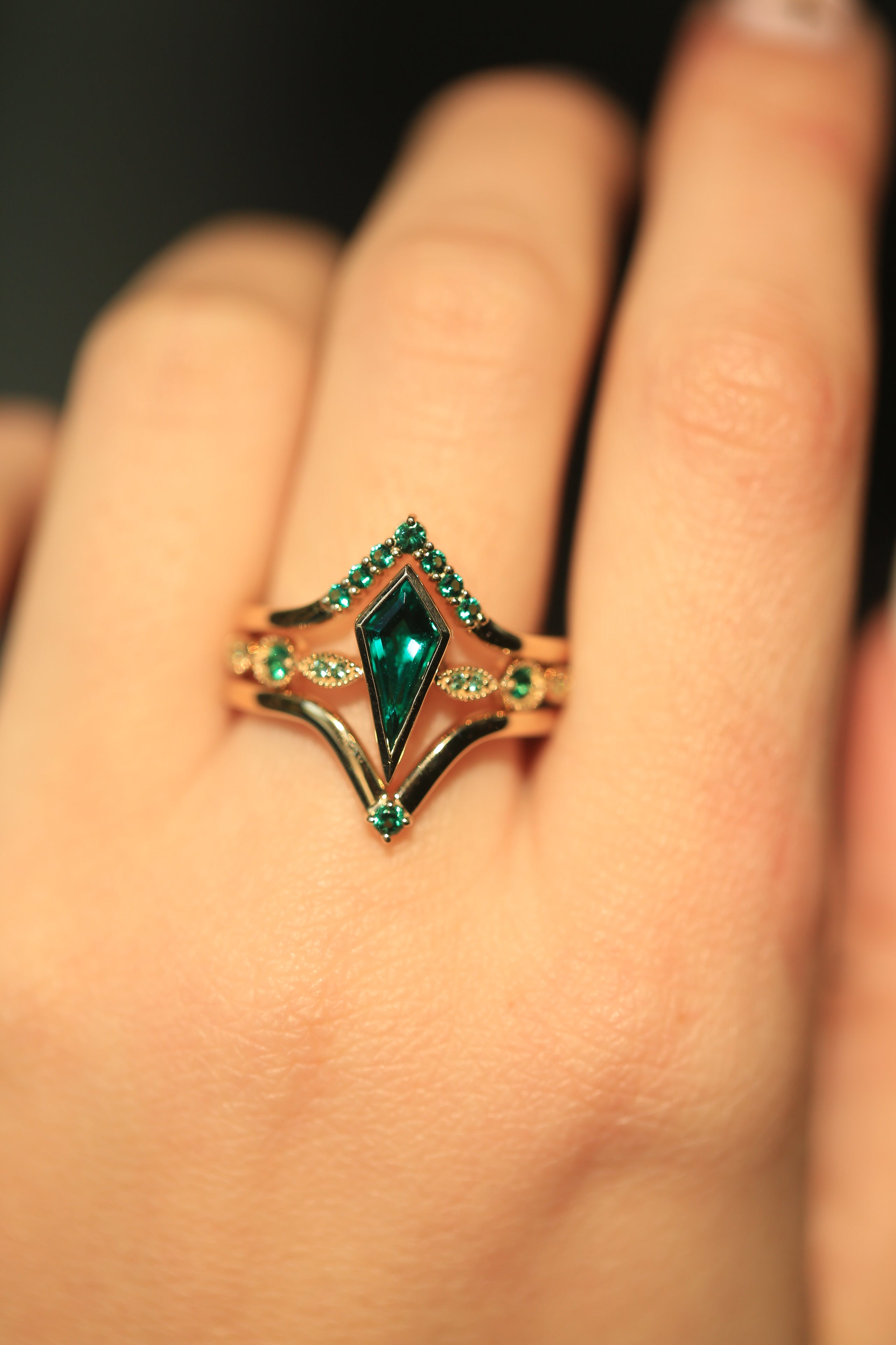 "Bianca" - Bridal Suite - Kite Cut Lab-Grown Emerald Engagement Ring With Emerald Accents