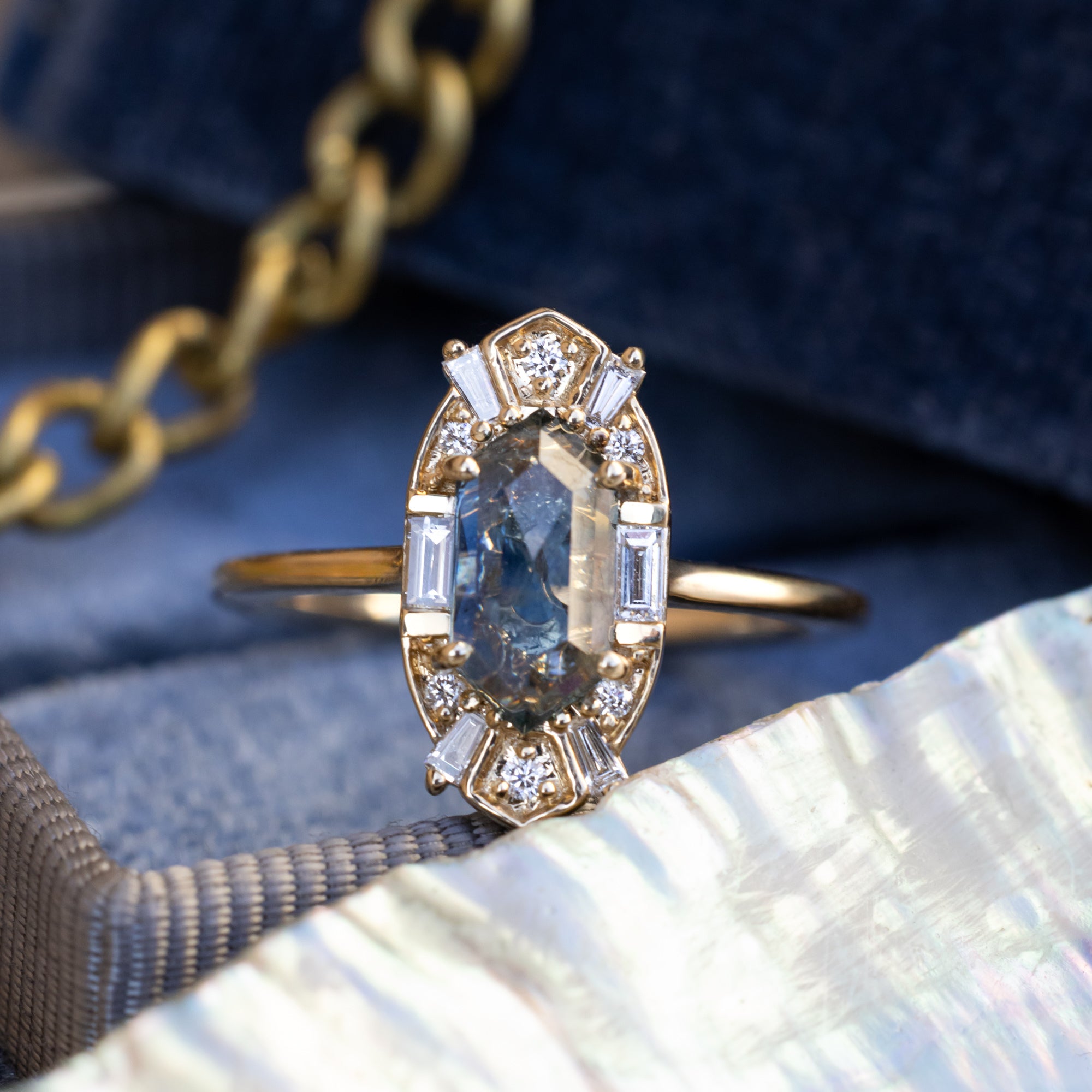 ONE-OF-A-KIND - "CLEOPATRA" - ELONGATED HEXAGON CUT MONTANA SAPPHIRE ENGAGEMENT RING WITH DIAMOND HALO-Staghead Designs
