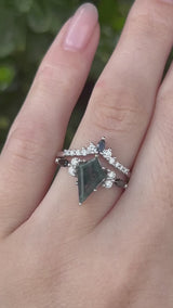 "SAGE" - KITE CUT MOSS AGATE ENGAGEMENT RING WITH BLACK MARQUISE DIAMOND ACCENTS & A DIAMOND TRACER