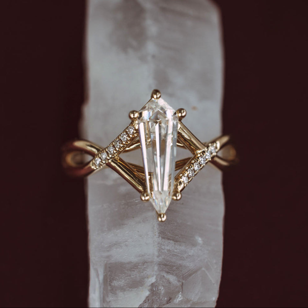 "Roslyn" - Dagger Cut Moissanite Engagement Ring With Diamond Accents-Staghead Designs