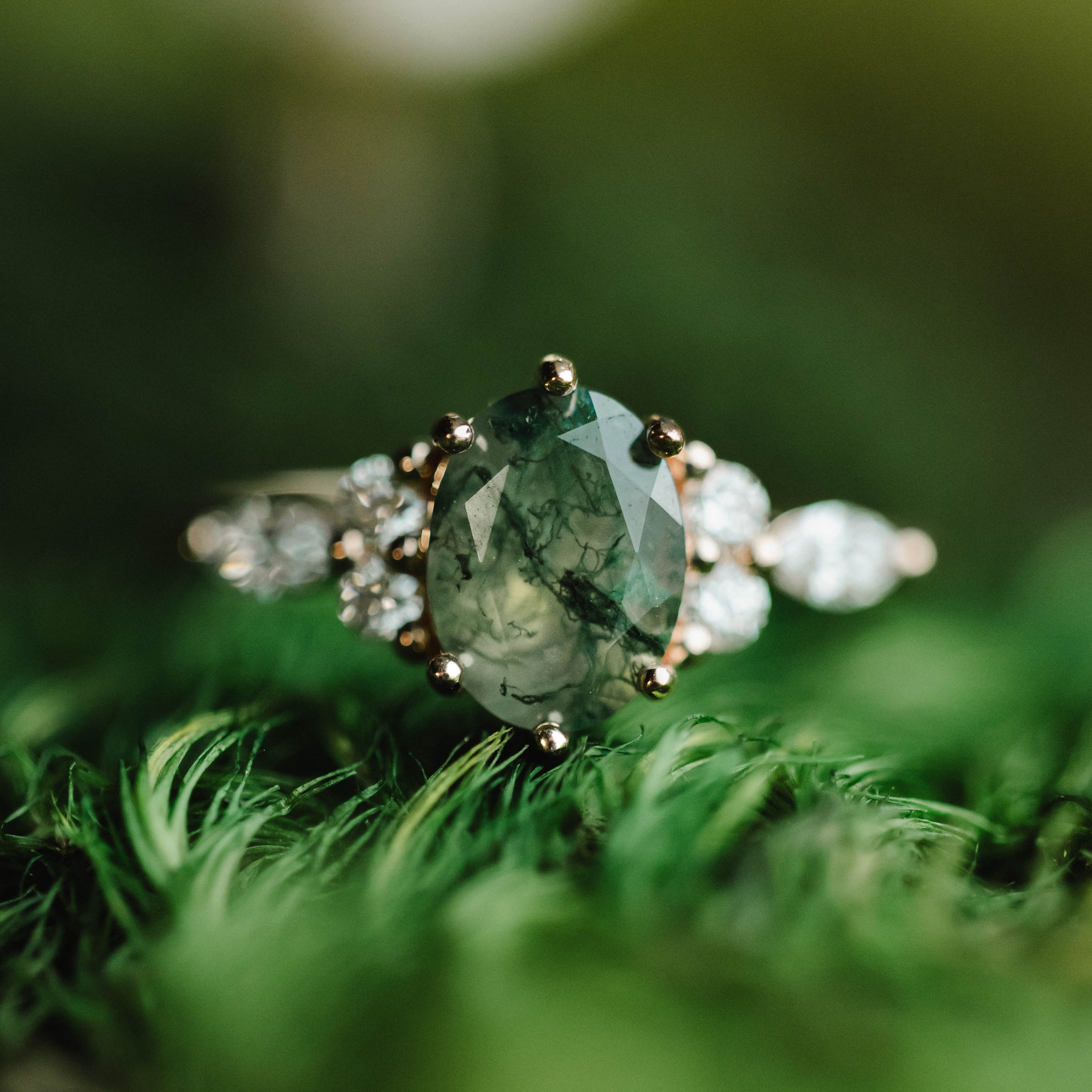 "SAGE" - OVAL CUT MOSS AGATE ENGAGEMENT RING WITH DIAMOND ACCENTS-Staghead Designs